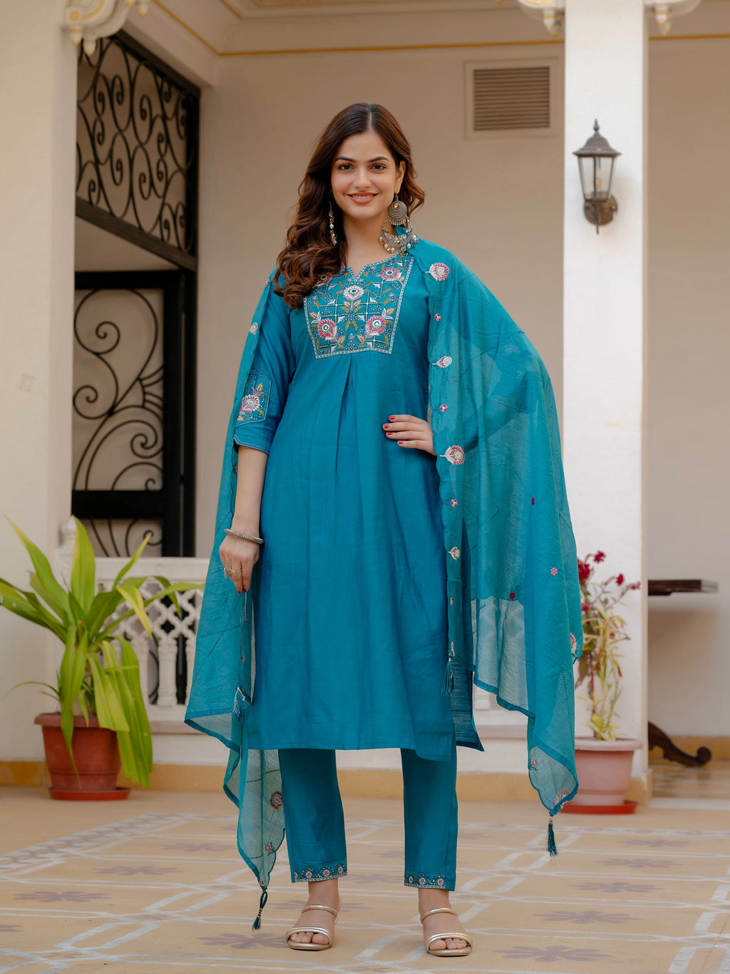 Firozi Viscose Mango Silk kurta set with sequins and multi-thread hand embroidery, including matching pants and dupatta