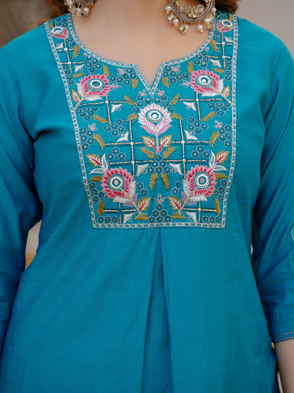 Firozi Viscose Mango Silk Kurta Pant Set with Sequins Embroidery