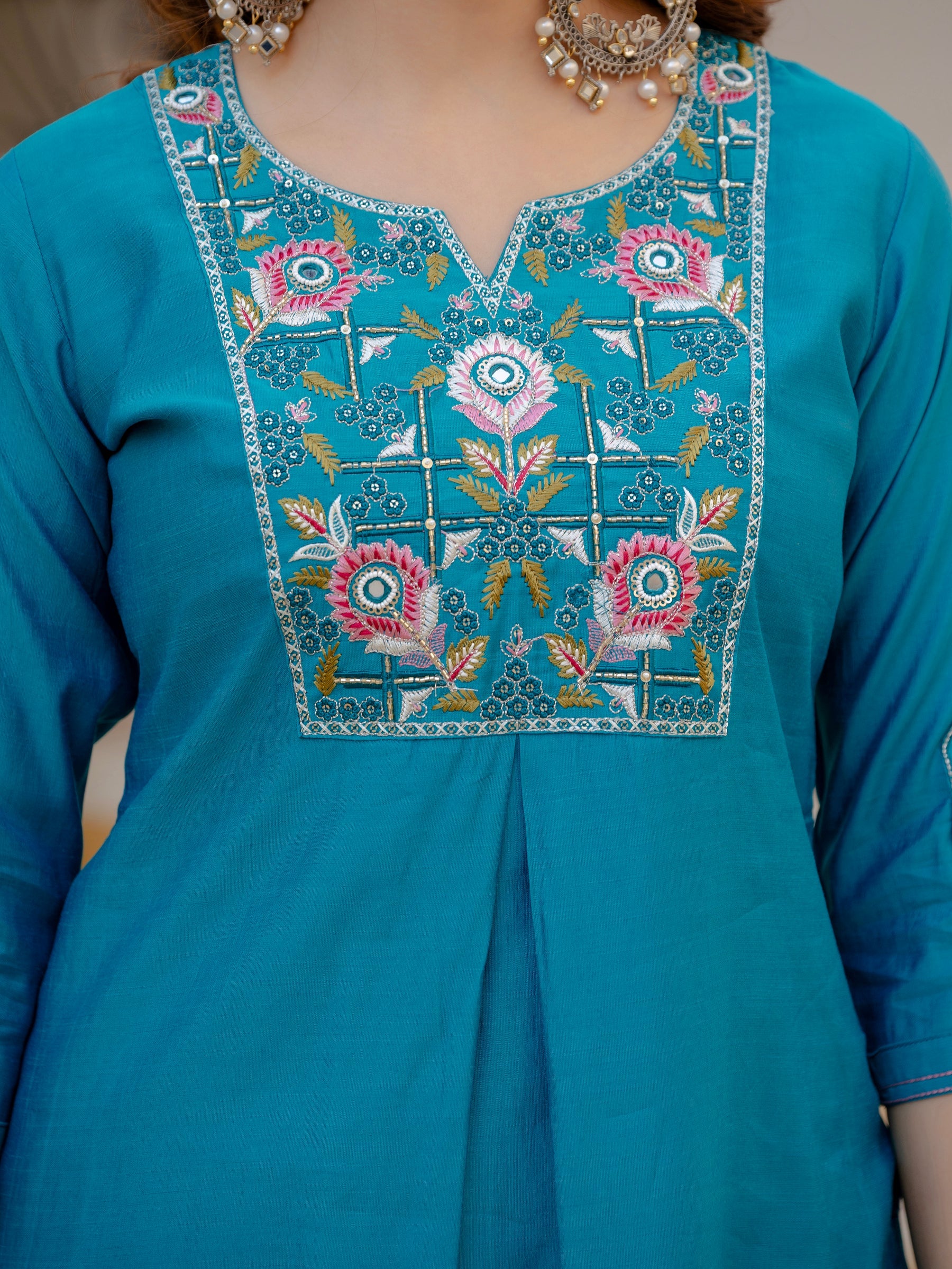 Firozi Viscose Mango Silk Kurta Pant Set with Sequins Embroidery