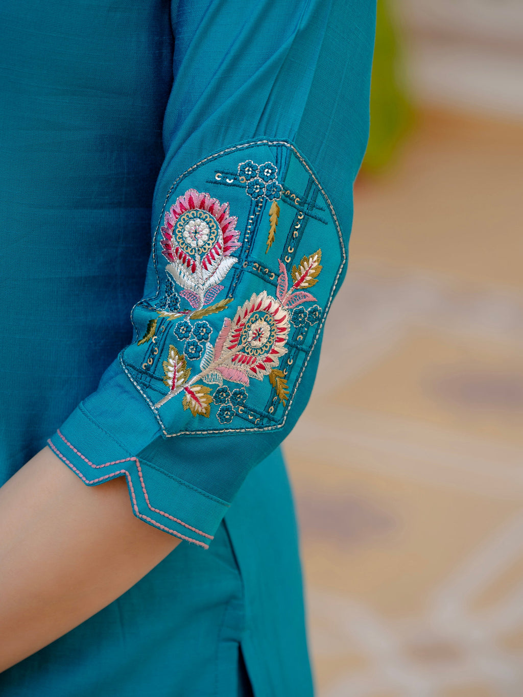 Firozi Viscose Mango Silk Kurta Pant Set with Sequins Embroidery