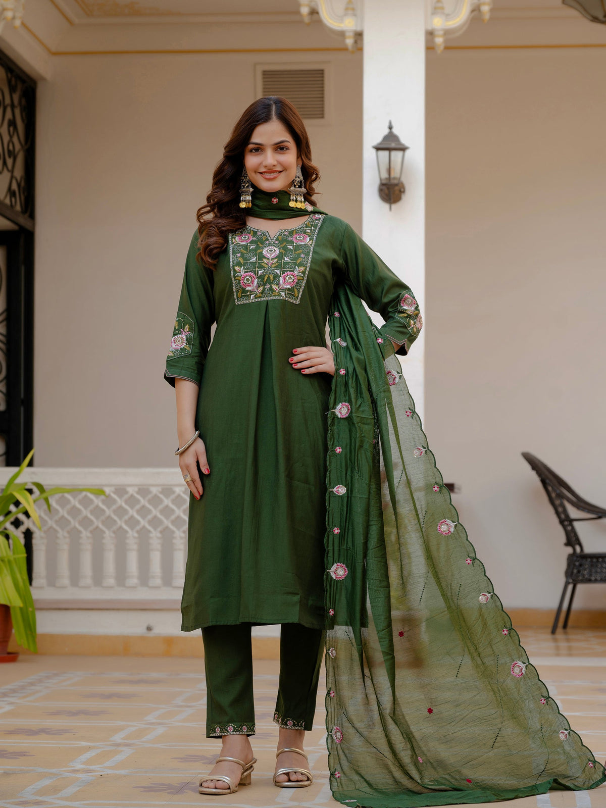 Green colored pure viscose mango silk kurta set with multi-embroidery and sequins