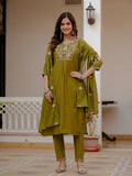 Mehendi viscose mango silk kurta set with multi-embroidery and sequins