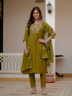 Mehendi viscose mango silk kurta set with multi-embroidery and sequins