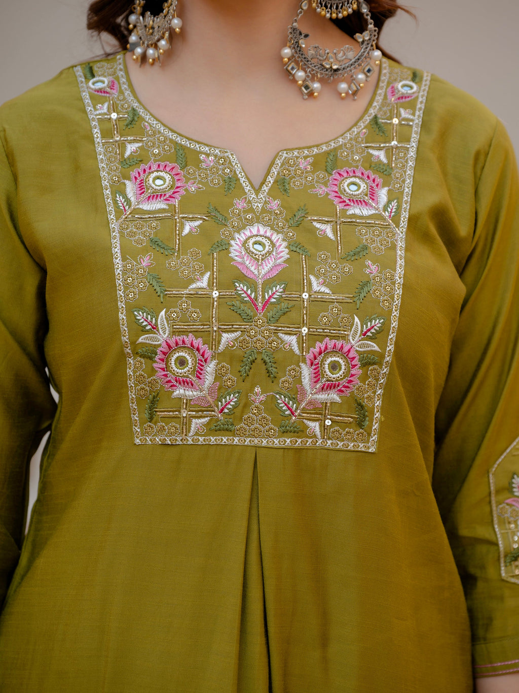 Mehendi Viscose Mango Silk Embroidered Kurta Pant Dupatta Set