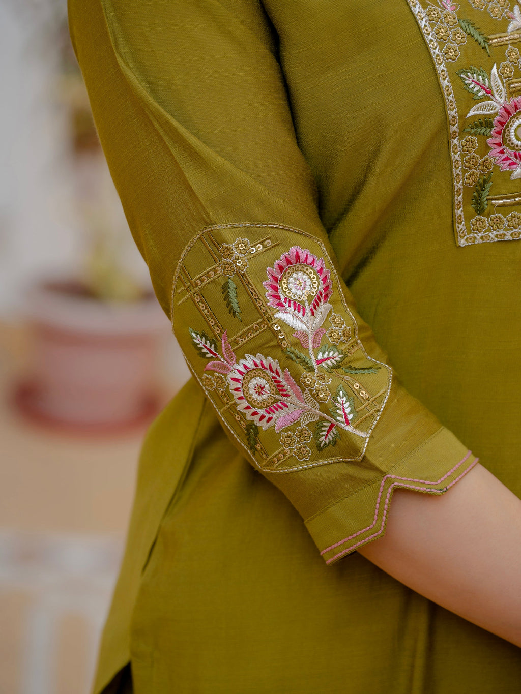 Mehendi Viscose Mango Silk Embroidered Kurta Pant Dupatta Set