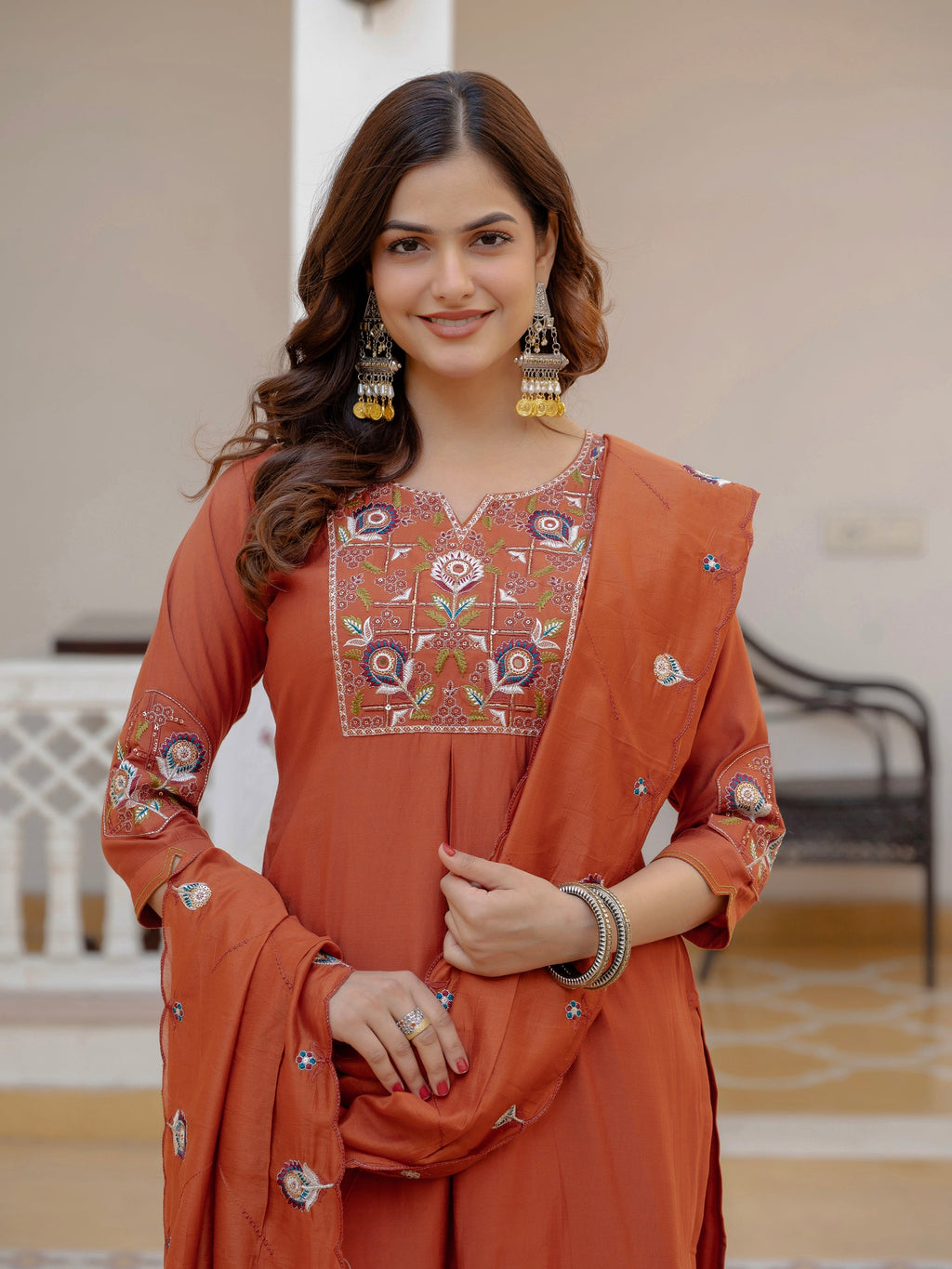 Rust Viscose Mango Silk Kurta Set with Hand-Embroidered Sequins