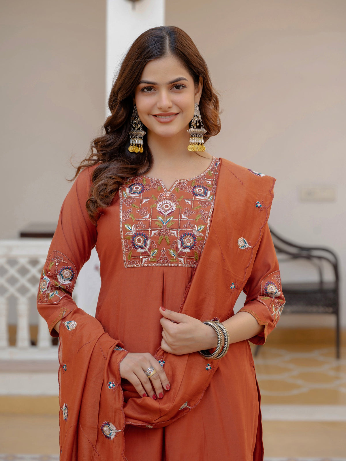 Rust Viscose Mango Silk Kurta Set with Hand-Embroidered Sequins