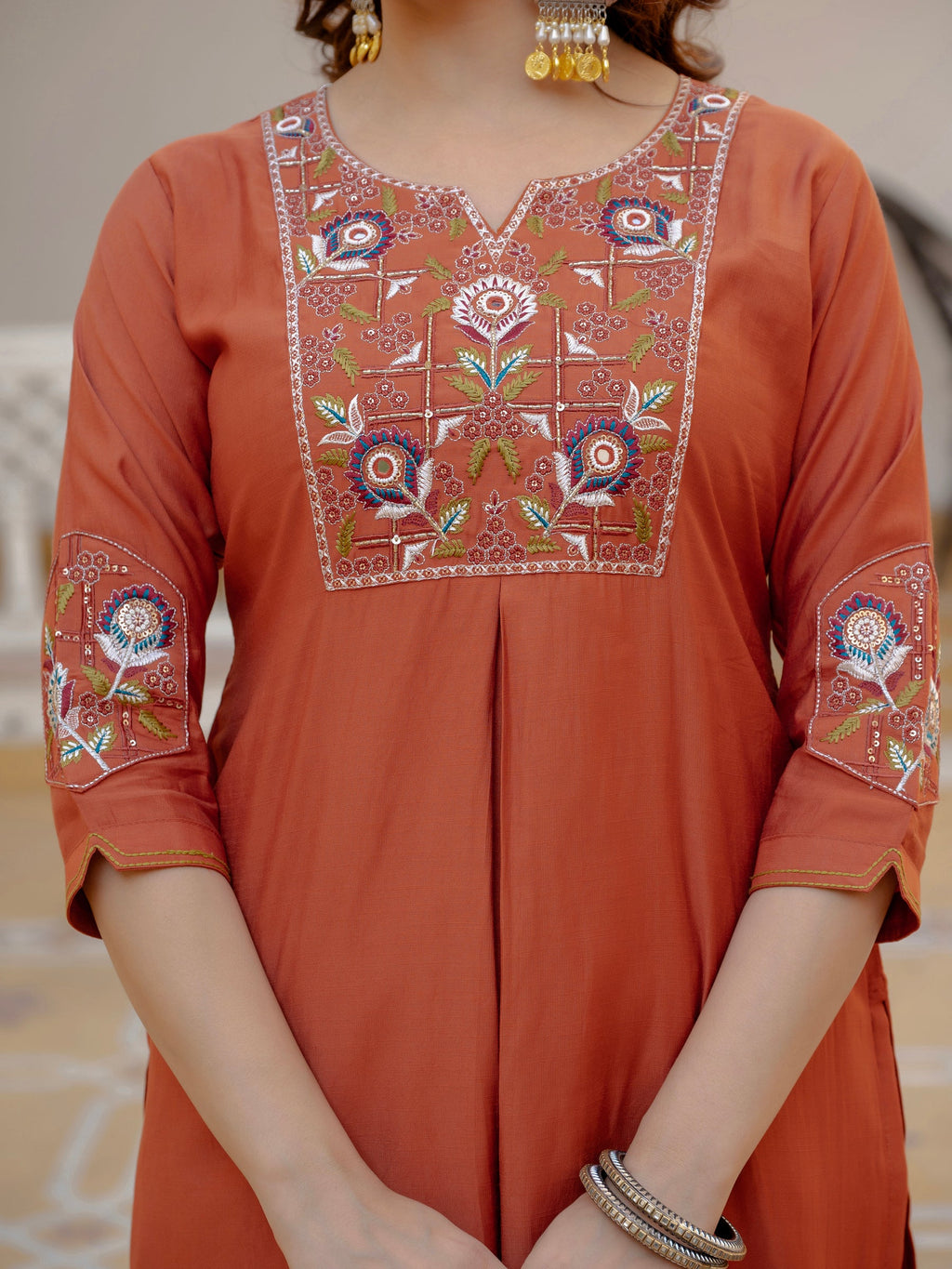 Rust Viscose Mango Silk Kurta Set with Hand-Embroidered Sequins