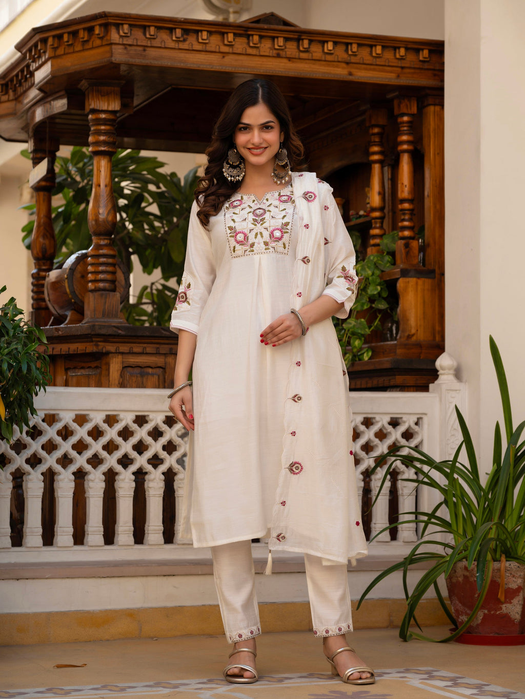 White viscose mango silk kurta set with intricate sequins and embroidery