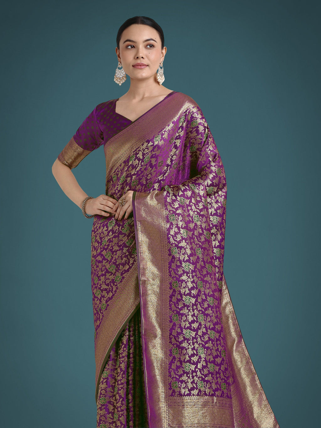Monjolika Fashion Scintilla Purple Banarasi Satin Silk Meenakari zari weaving Pattern Saree