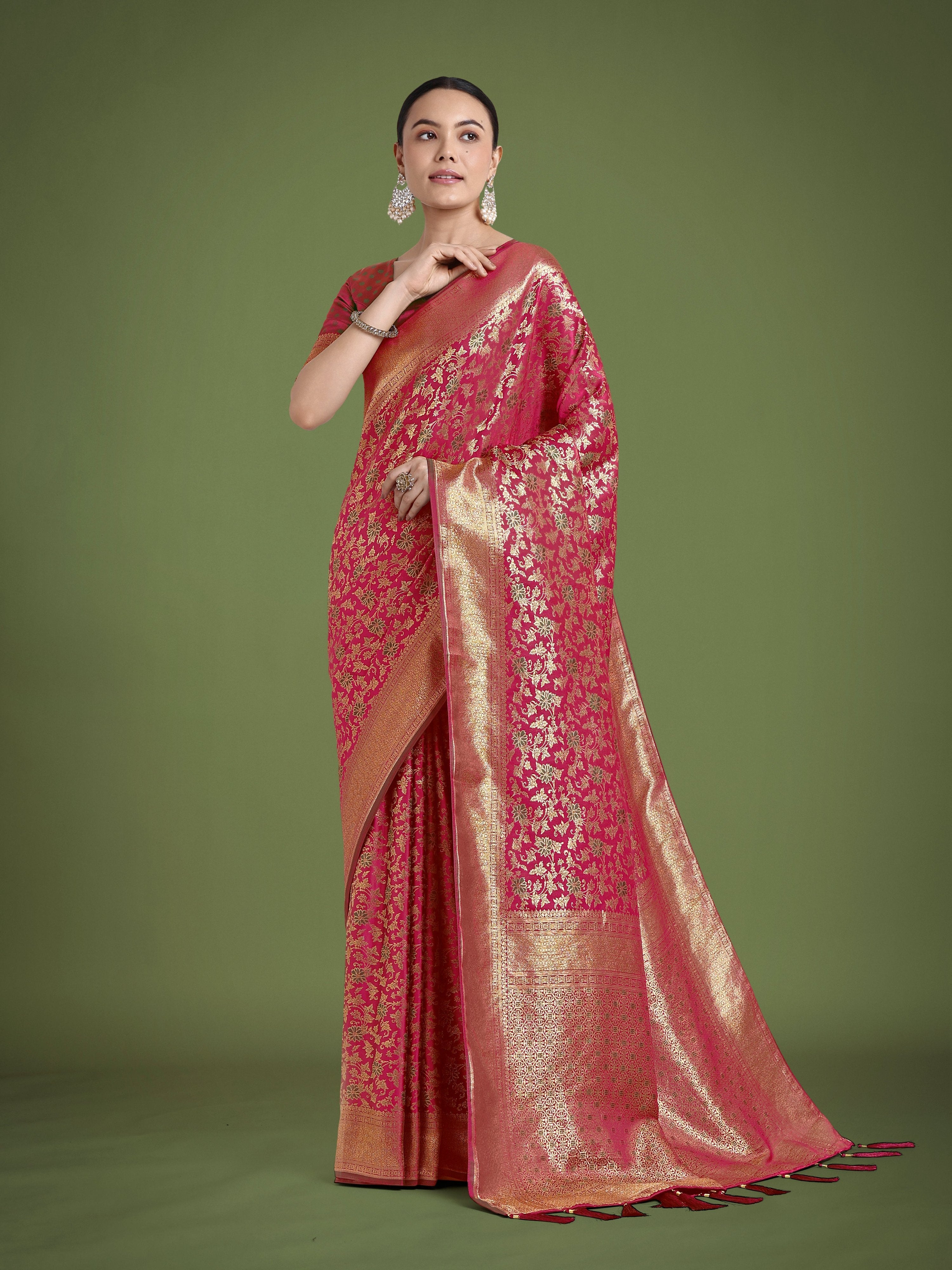 Magenta Banarasi Satin Silk Saree with detailed Meenakari Zari weaving