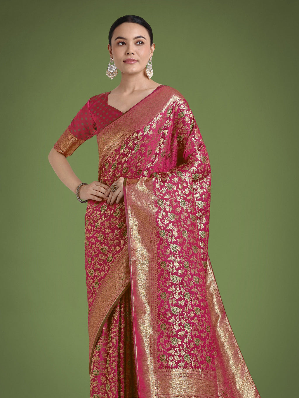 Magenta Banarasi Satin Silk Saree with Meenakari Zari Weaving