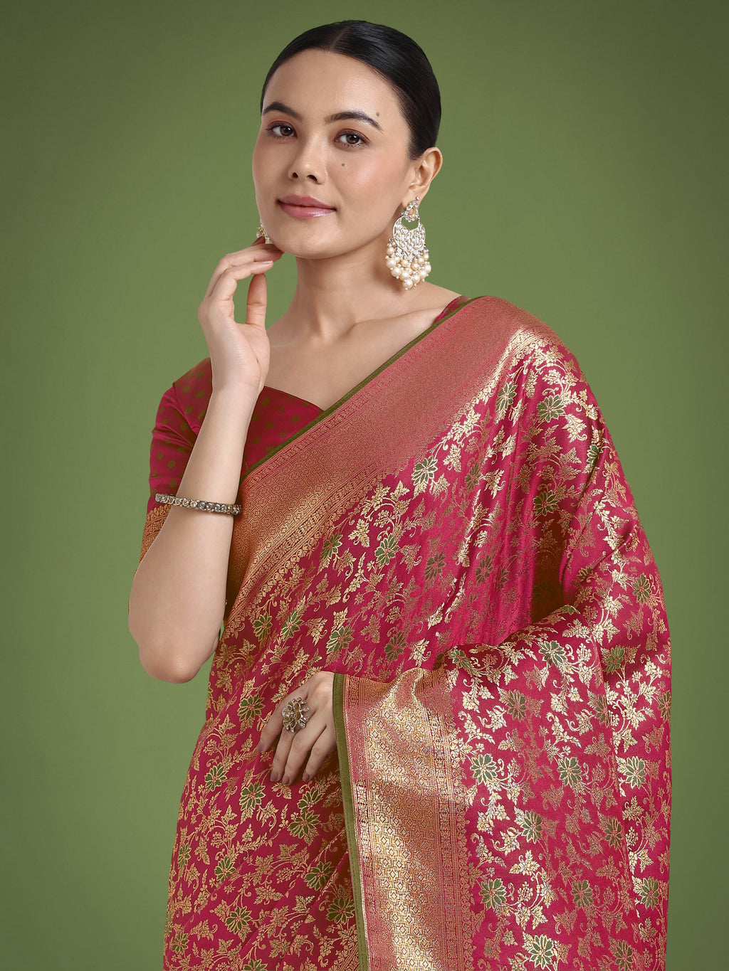 Magenta Banarasi Satin Silk Saree with Meenakari Zari Weaving