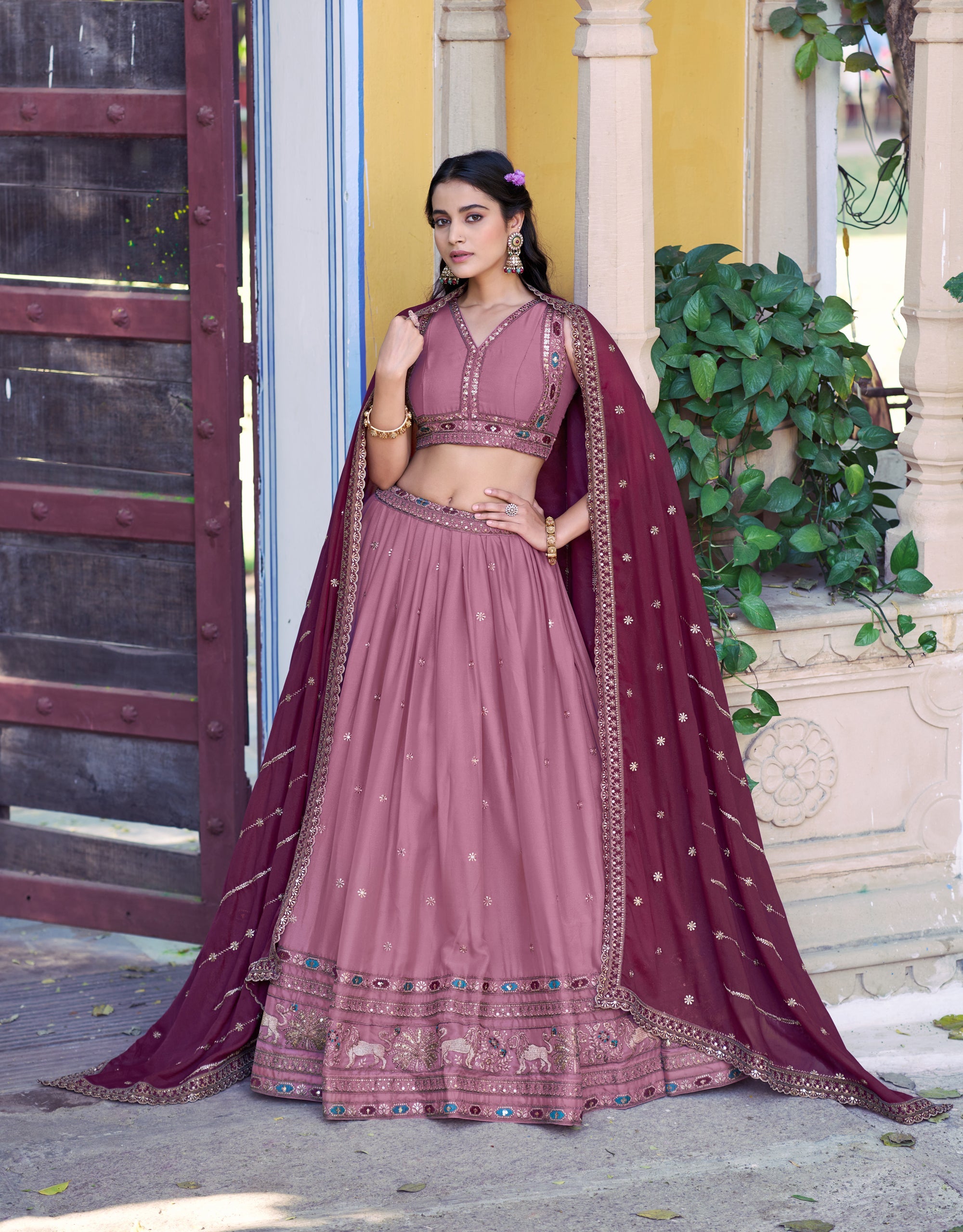 Pink Star Georgette Zari, Sequins & Resham Embroidered Lehenga