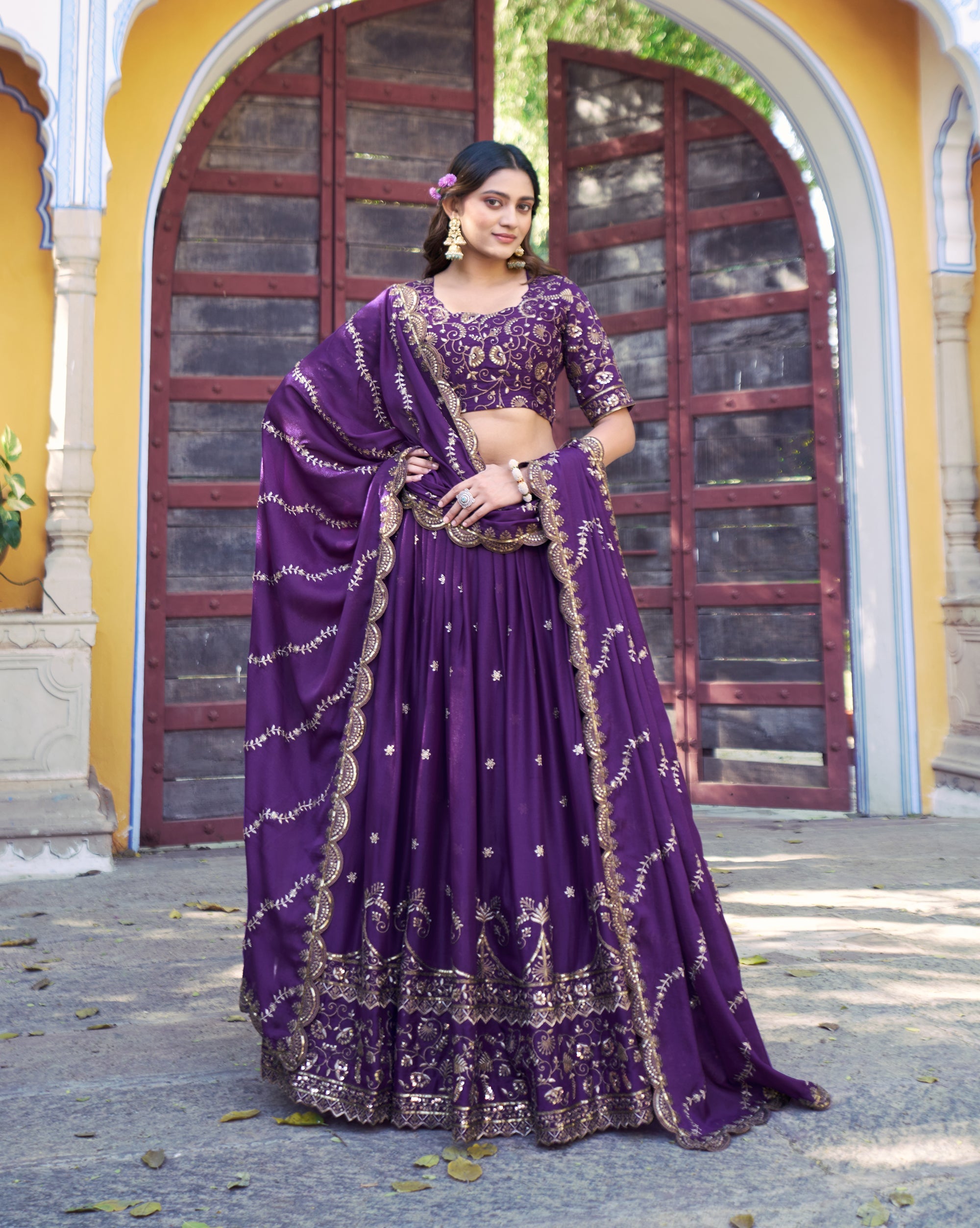 Purple Star Georgette lehenga set with intricate Zari and Resham embroidery