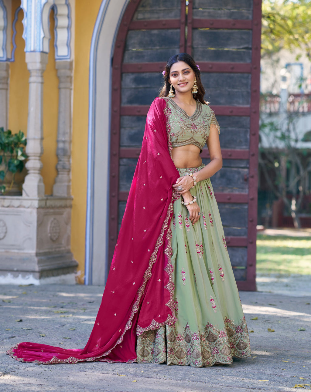 Pista Star Georgette Lehenga Choli with Sequins & Resham Embroidery