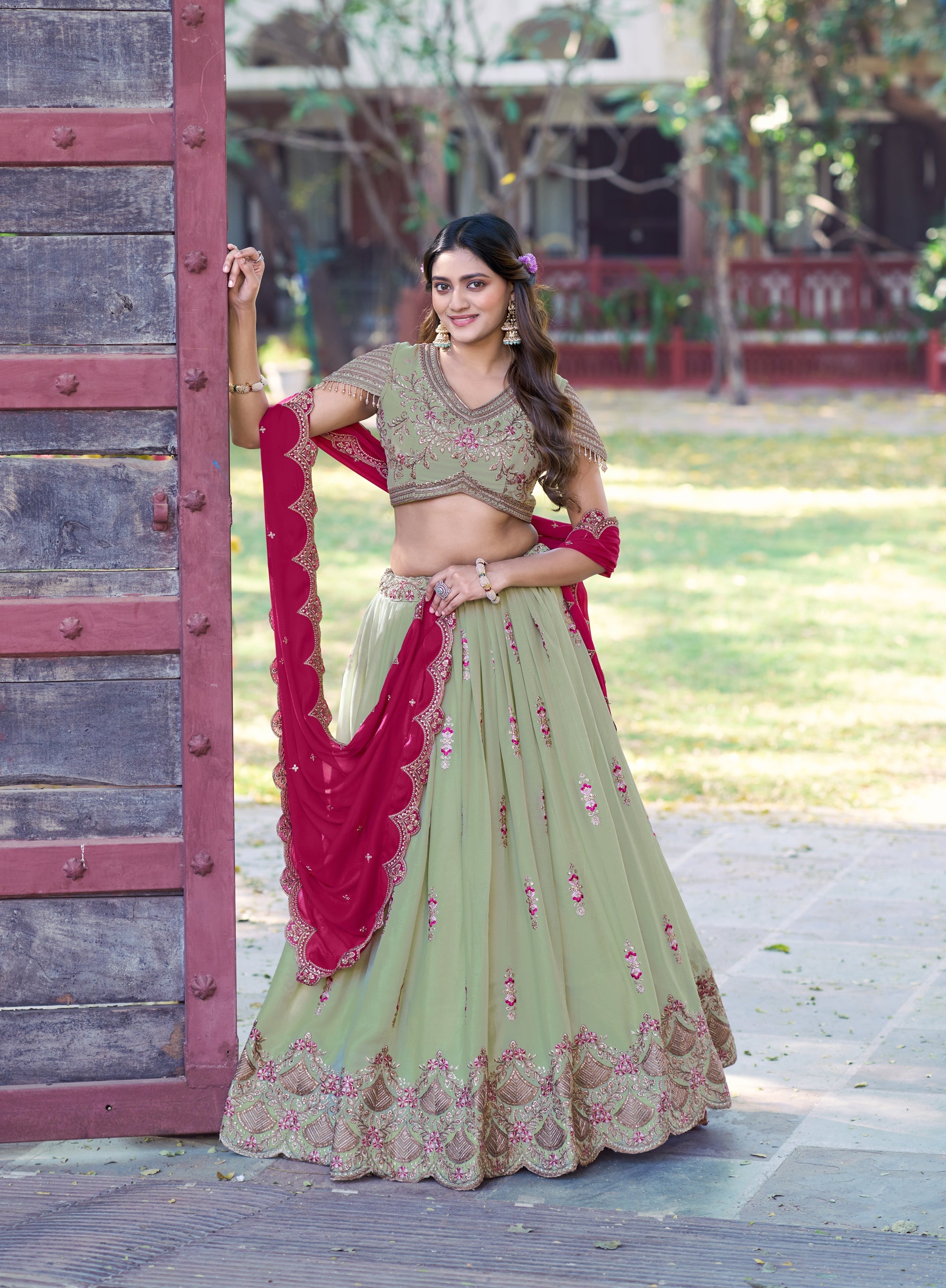 Pista Star Georgette Lehenga Choli with Sequins & Resham Embroidery