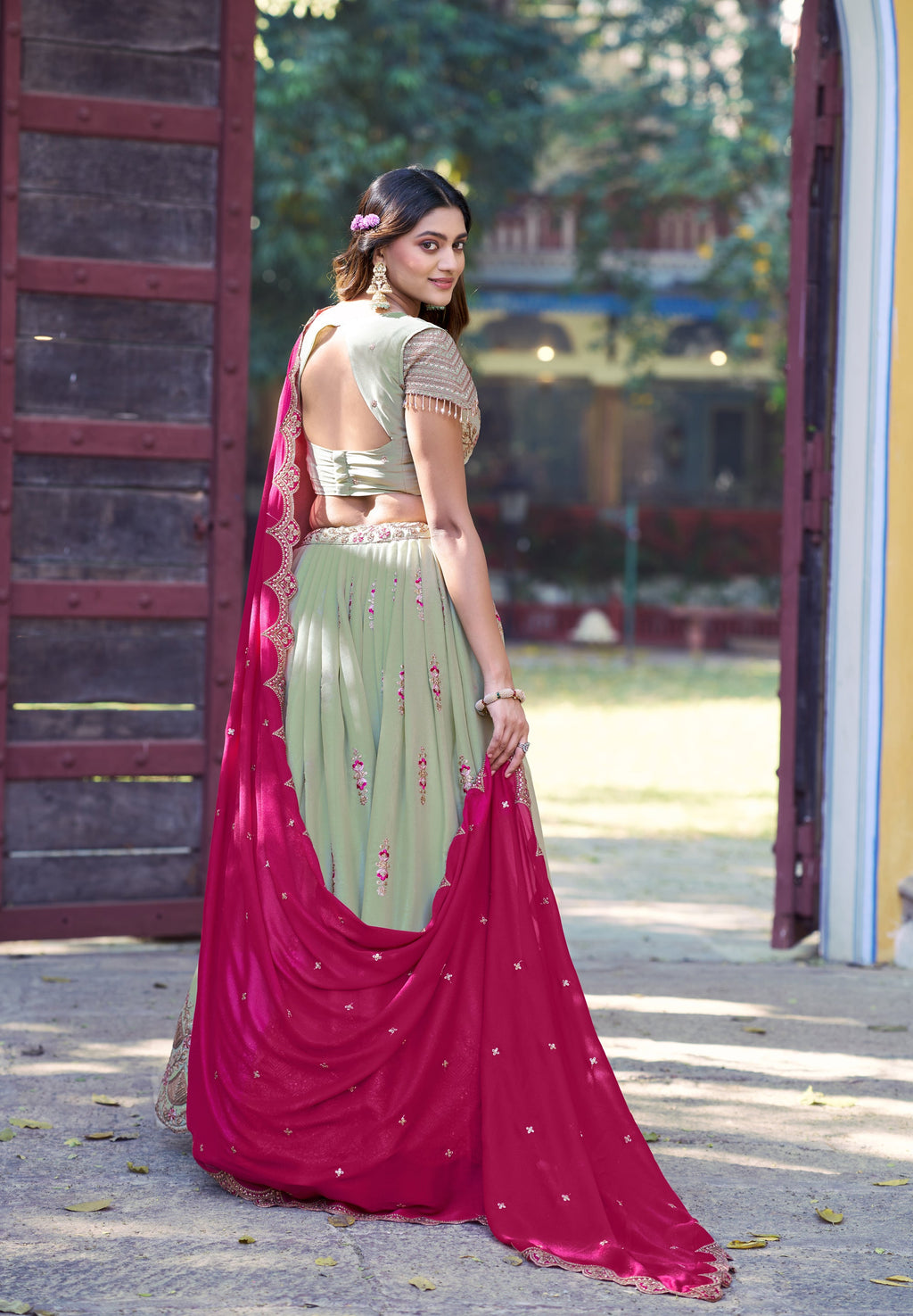 Pista Star Georgette Lehenga Choli with Sequins & Resham Embroidery