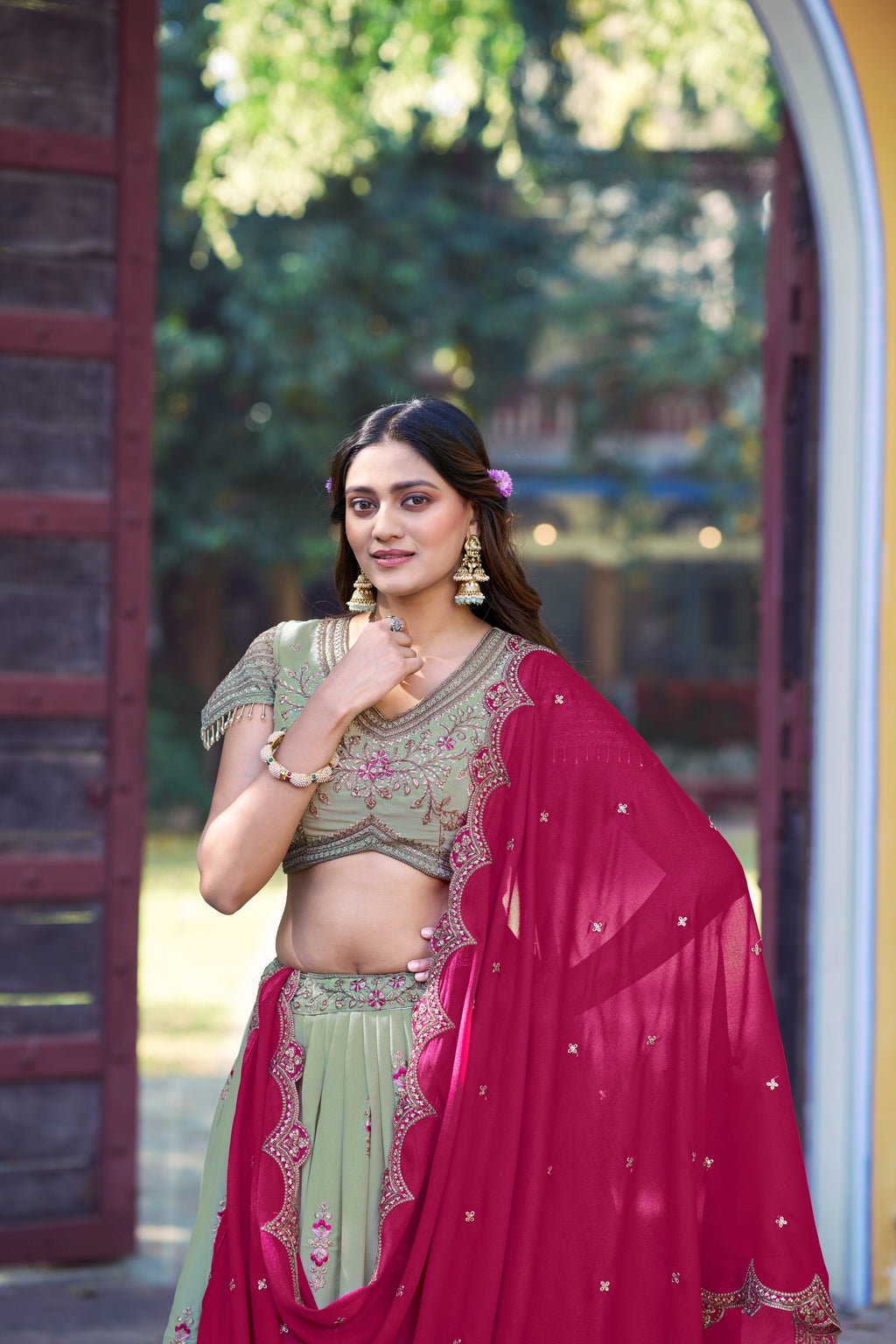 Pista Star Georgette Lehenga Choli with Sequins & Resham Embroidery