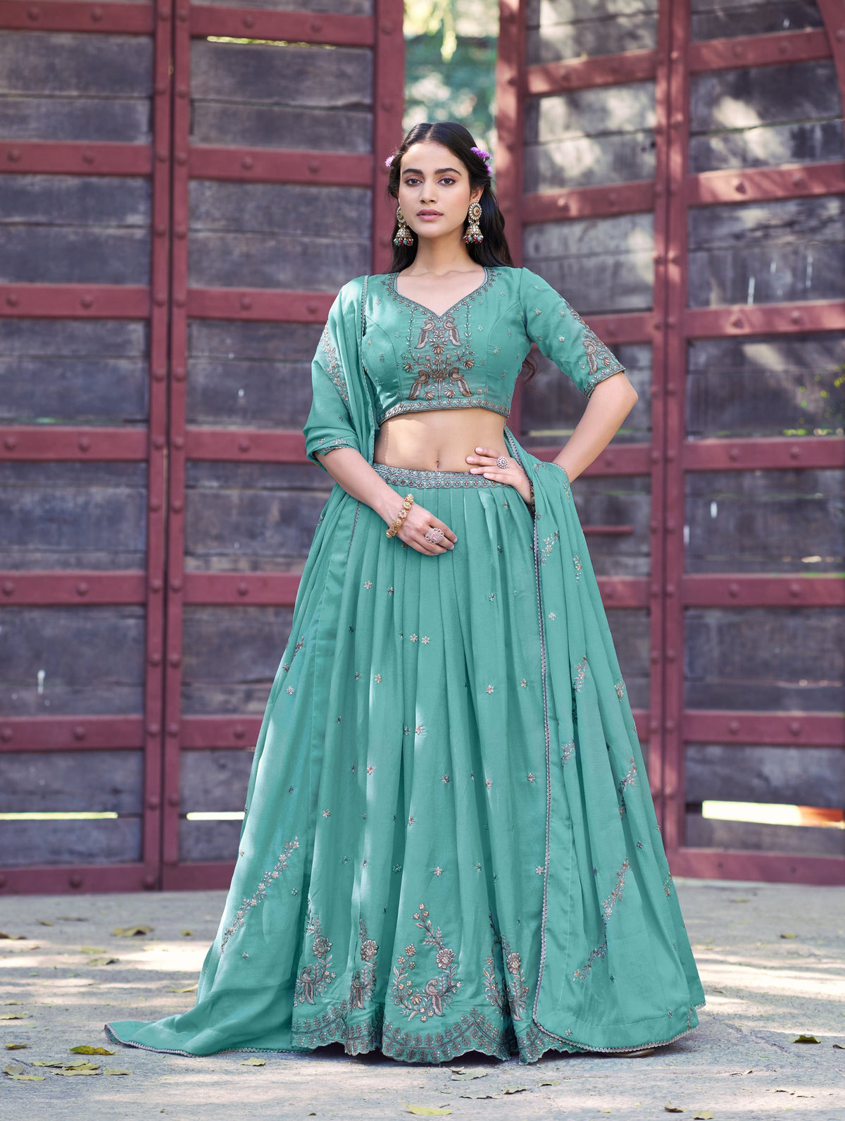 Skyblue star georgette lehenga choli with heavy zari and sequin embroidery