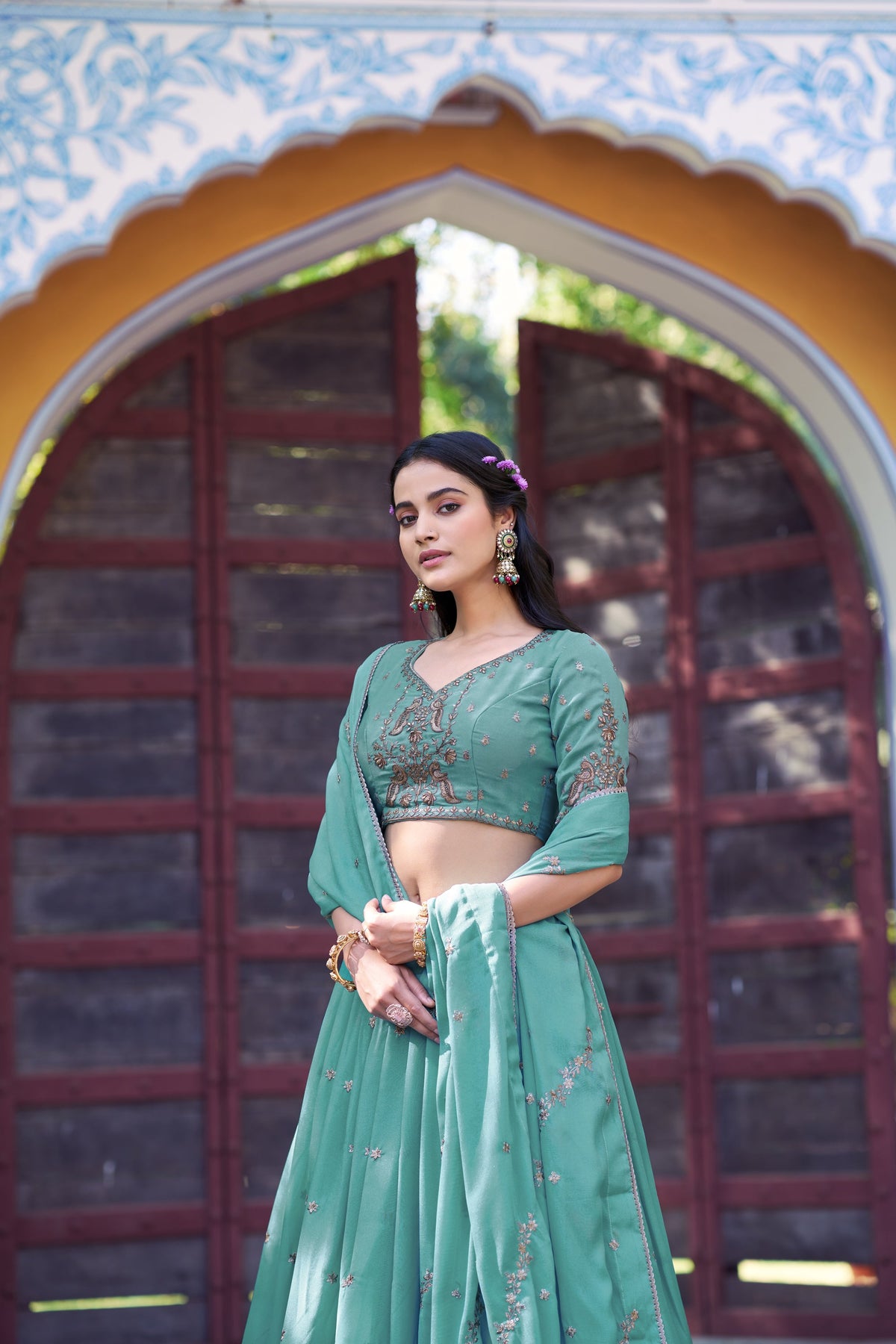 Skyblue Star Georgette Lehenga Choli With Zari And Sequins