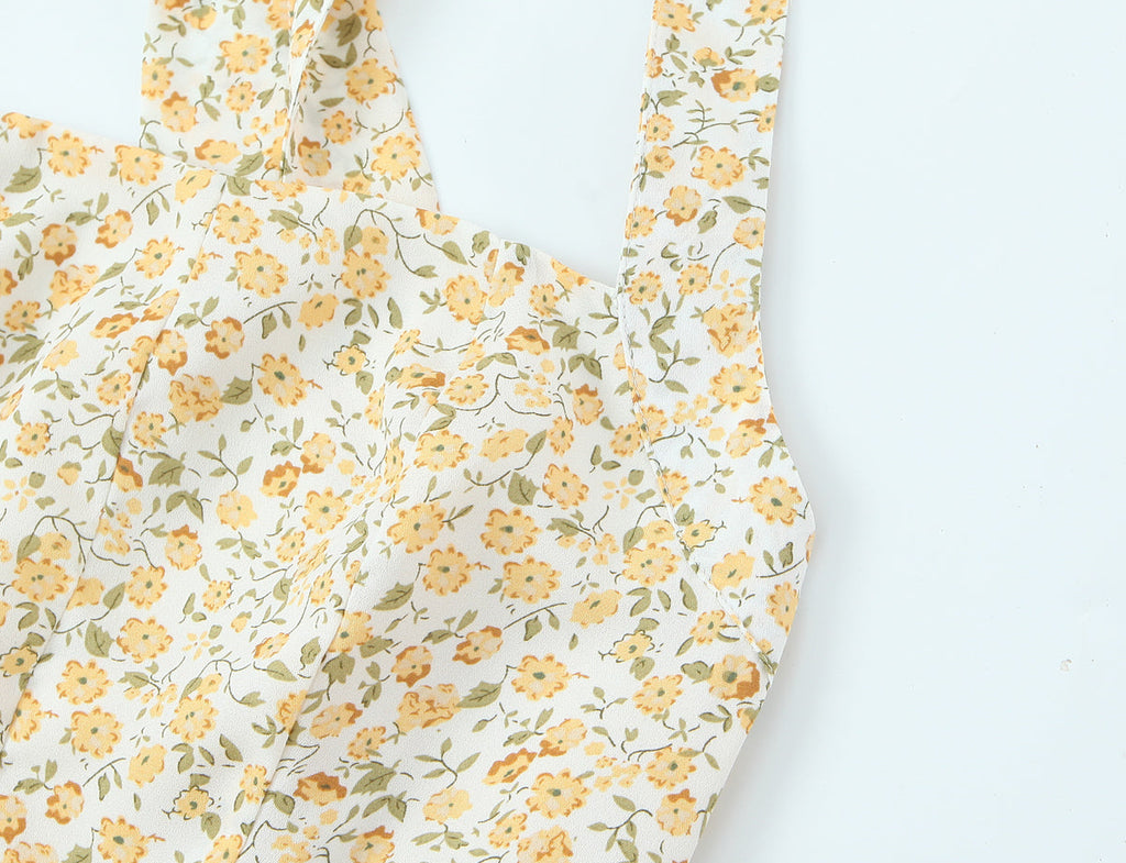 French Vintage Small Floral Printed Sexy Halter Dress Summer Waist Controlled Slim Fit Slimming Holiday Short Dress