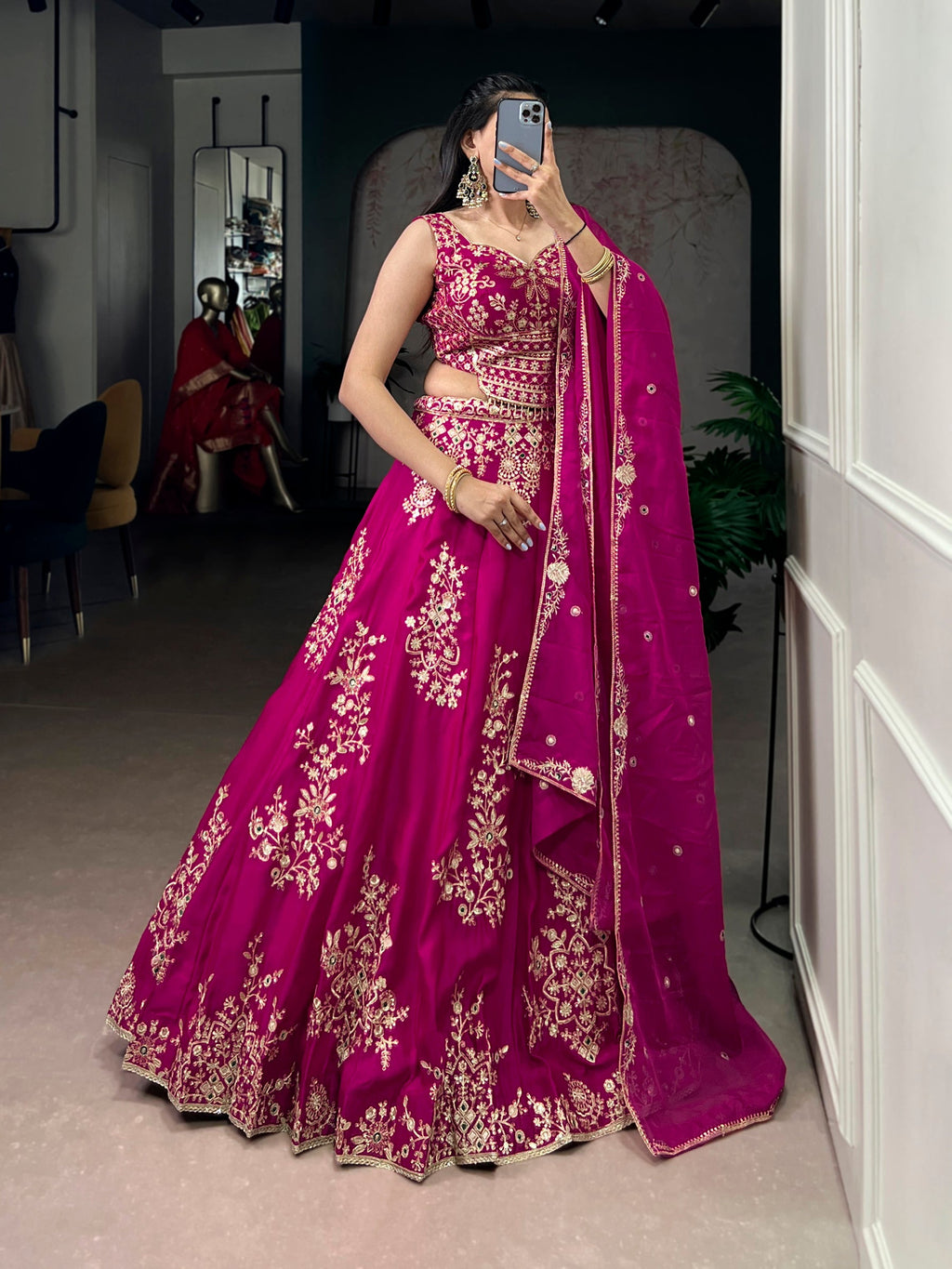 Pink Naysha Silk lehenga choli with sequin embroidery and a decorative lace border
