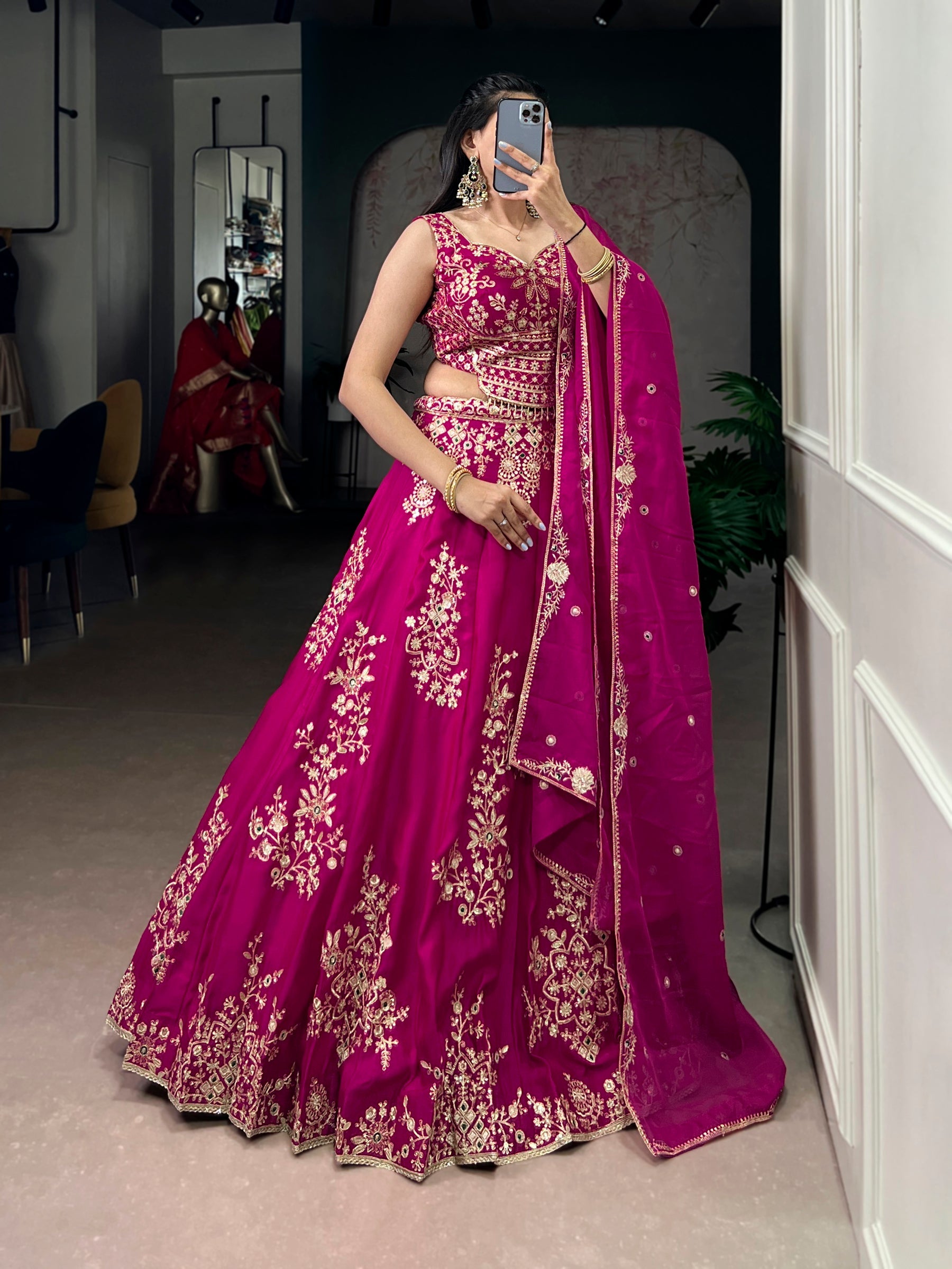 Pink Naysha Silk lehenga choli with sequin embroidery and a decorative lace border