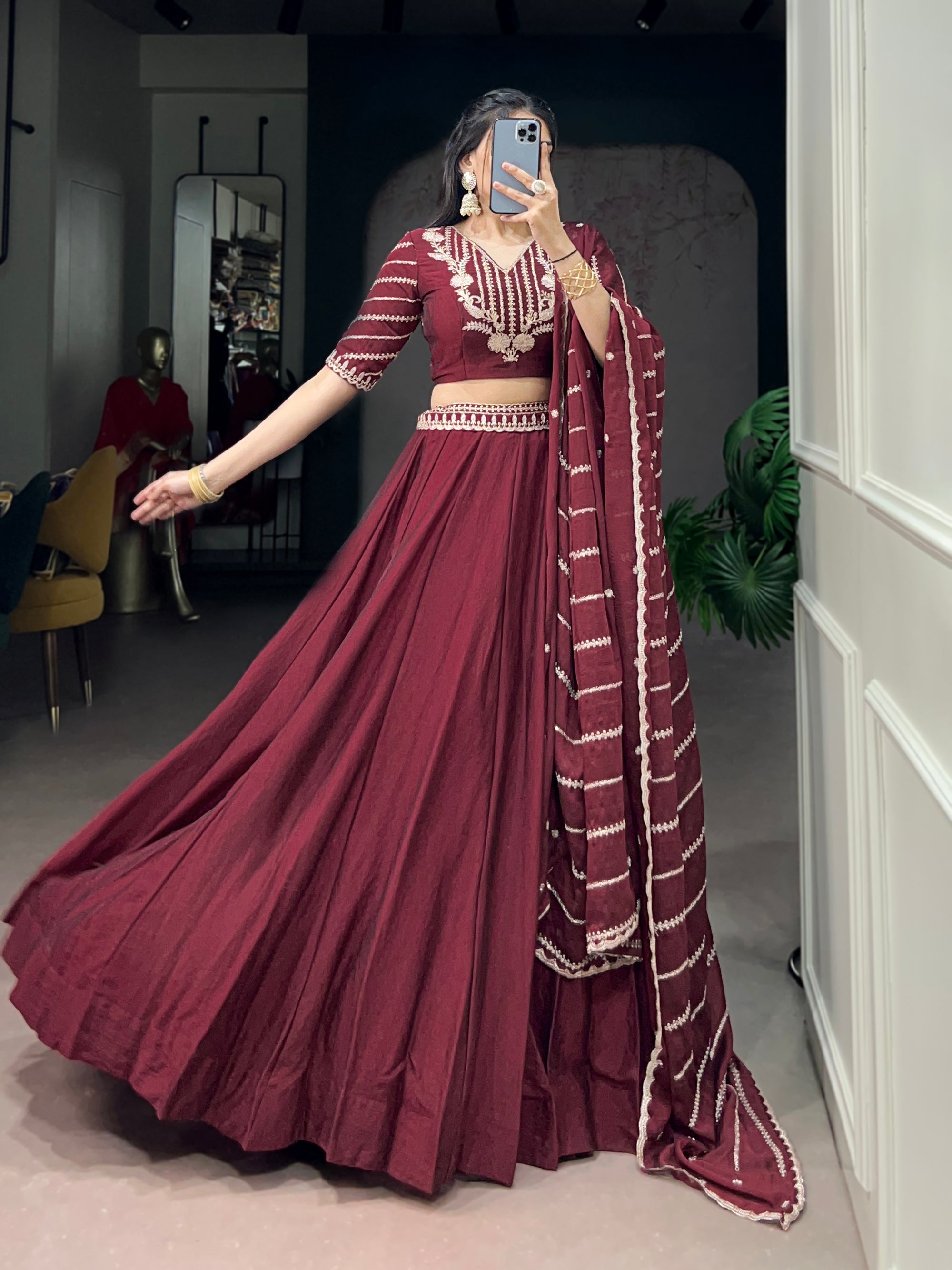 Maroon Rangoli Crush Lehenga Choli with sequins and thread embroidery belt