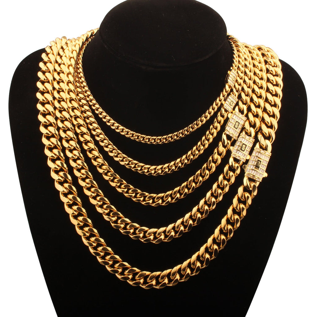 Mens Stainless Steel Necklace With An Encrypted Zircon Diamond Clasp