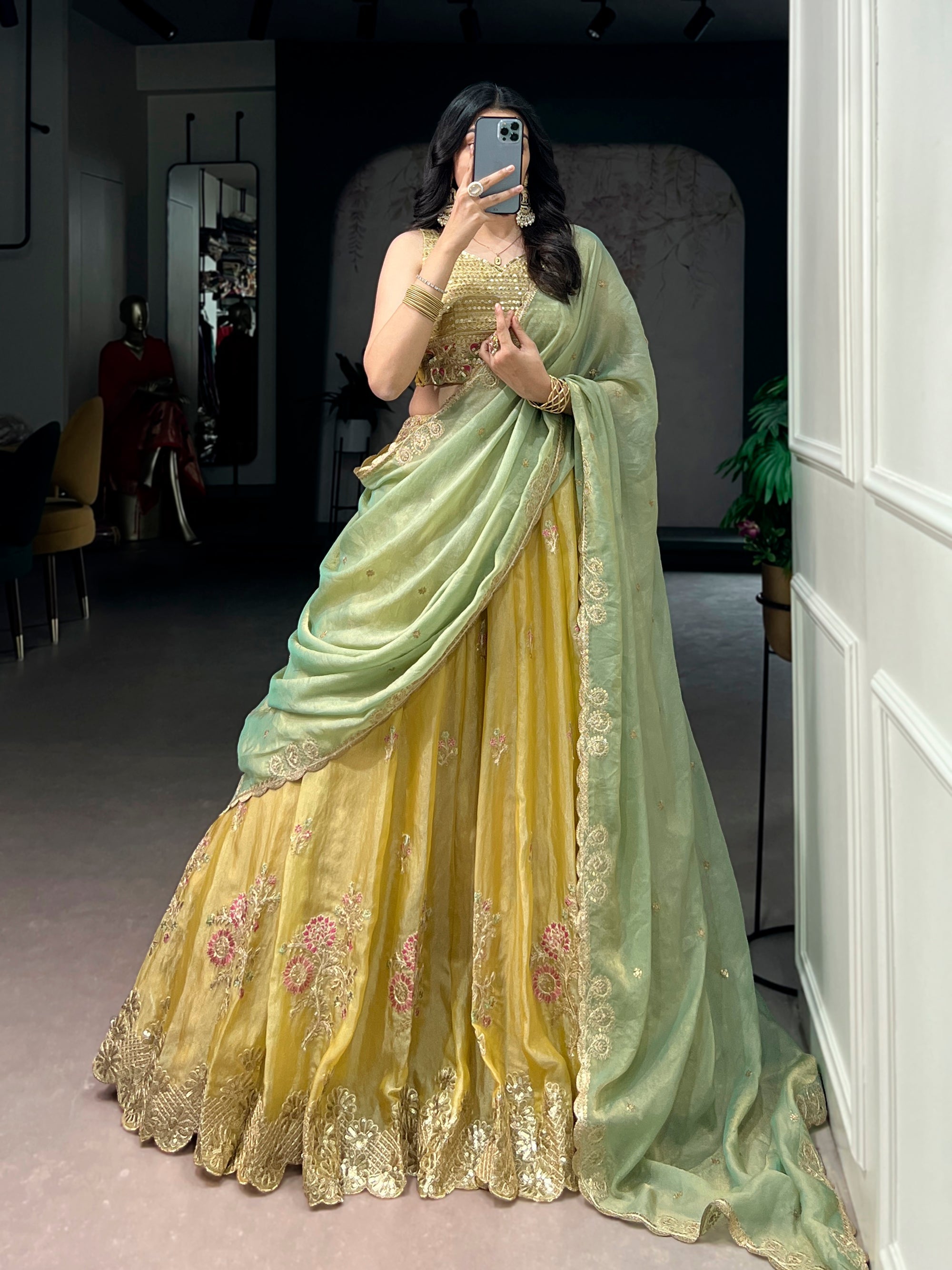 Yellow NC Moss Silk lehenga choli with heavy sequins and thread embroidery work