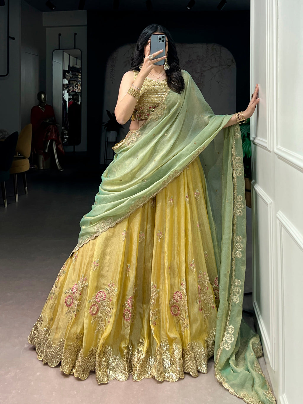 Yellow NC Moss Silk Lehenga Choli with Sequins and Embroidery