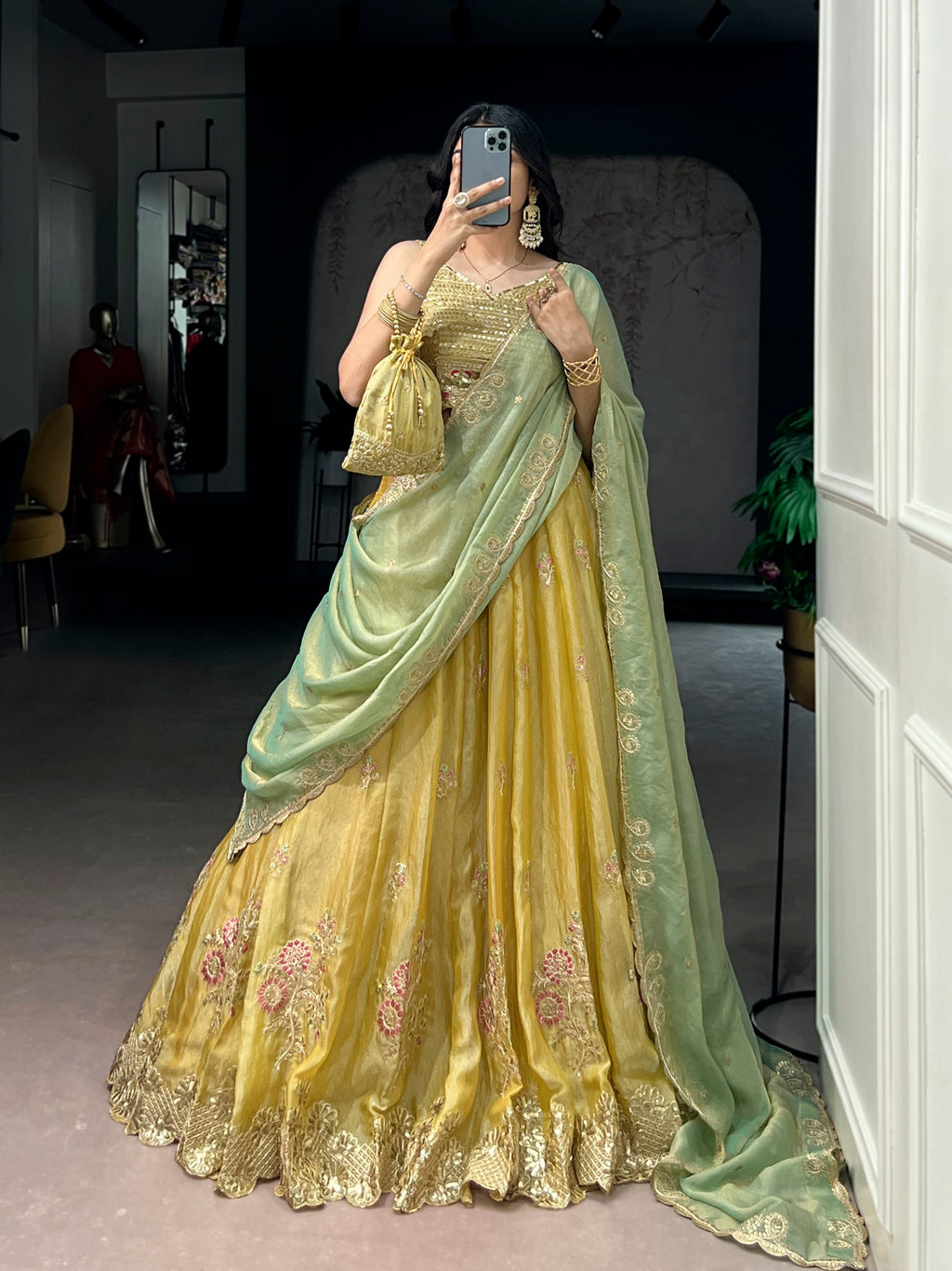 Yellow NC Moss Silk Lehenga Choli with Sequins and Embroidery