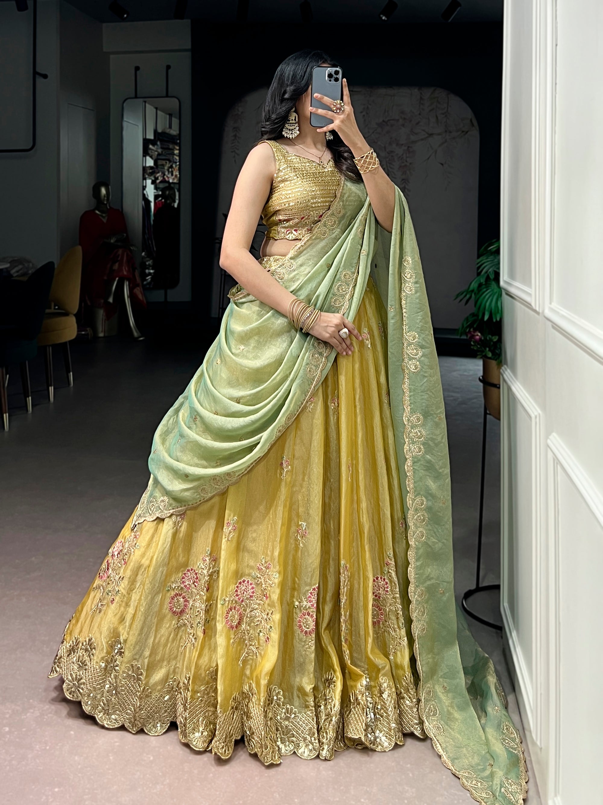 Yellow NC Moss Silk Lehenga Choli with Sequins and Embroidery