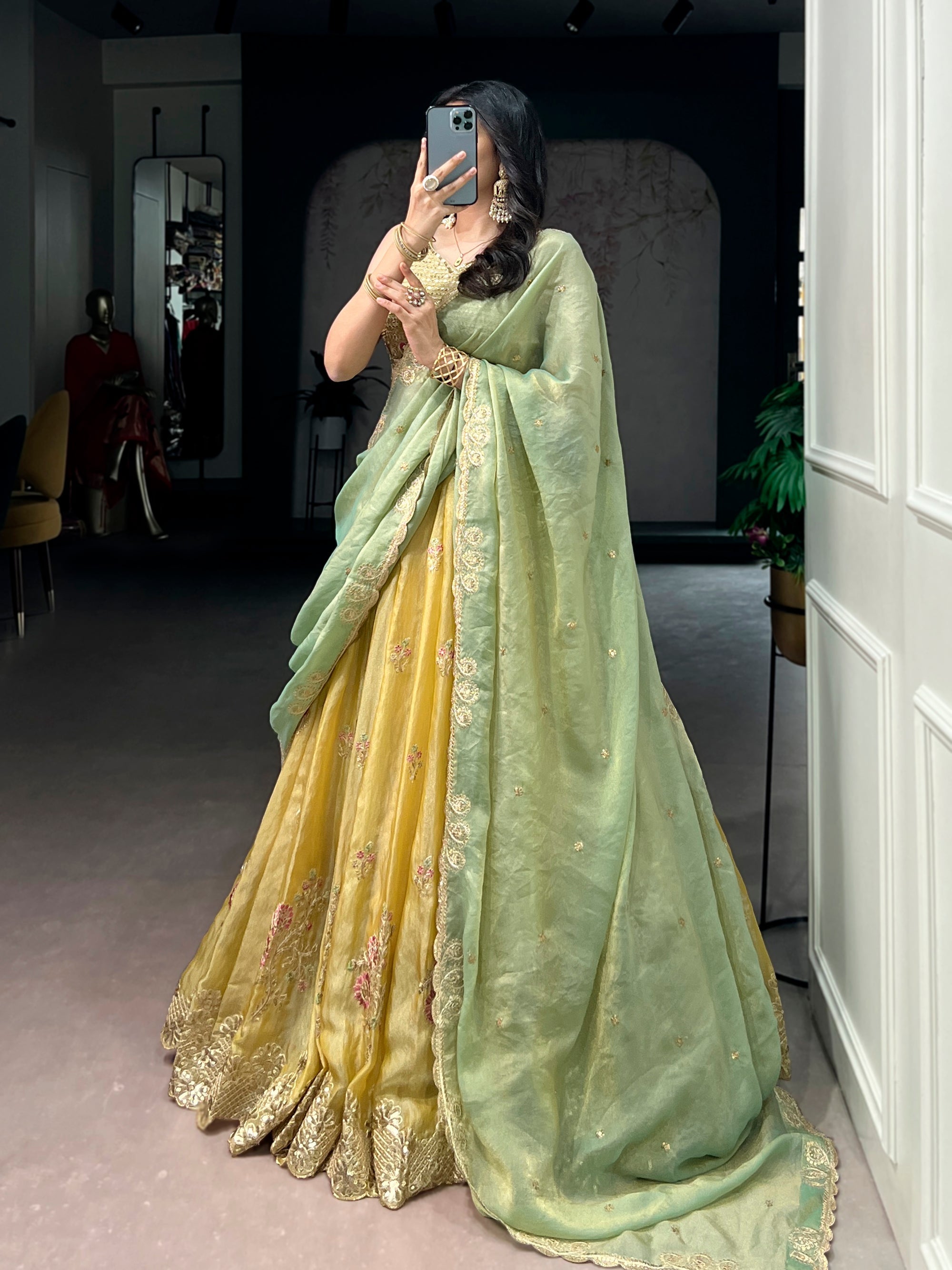 Yellow NC Moss Silk Lehenga Choli with Sequins and Embroidery