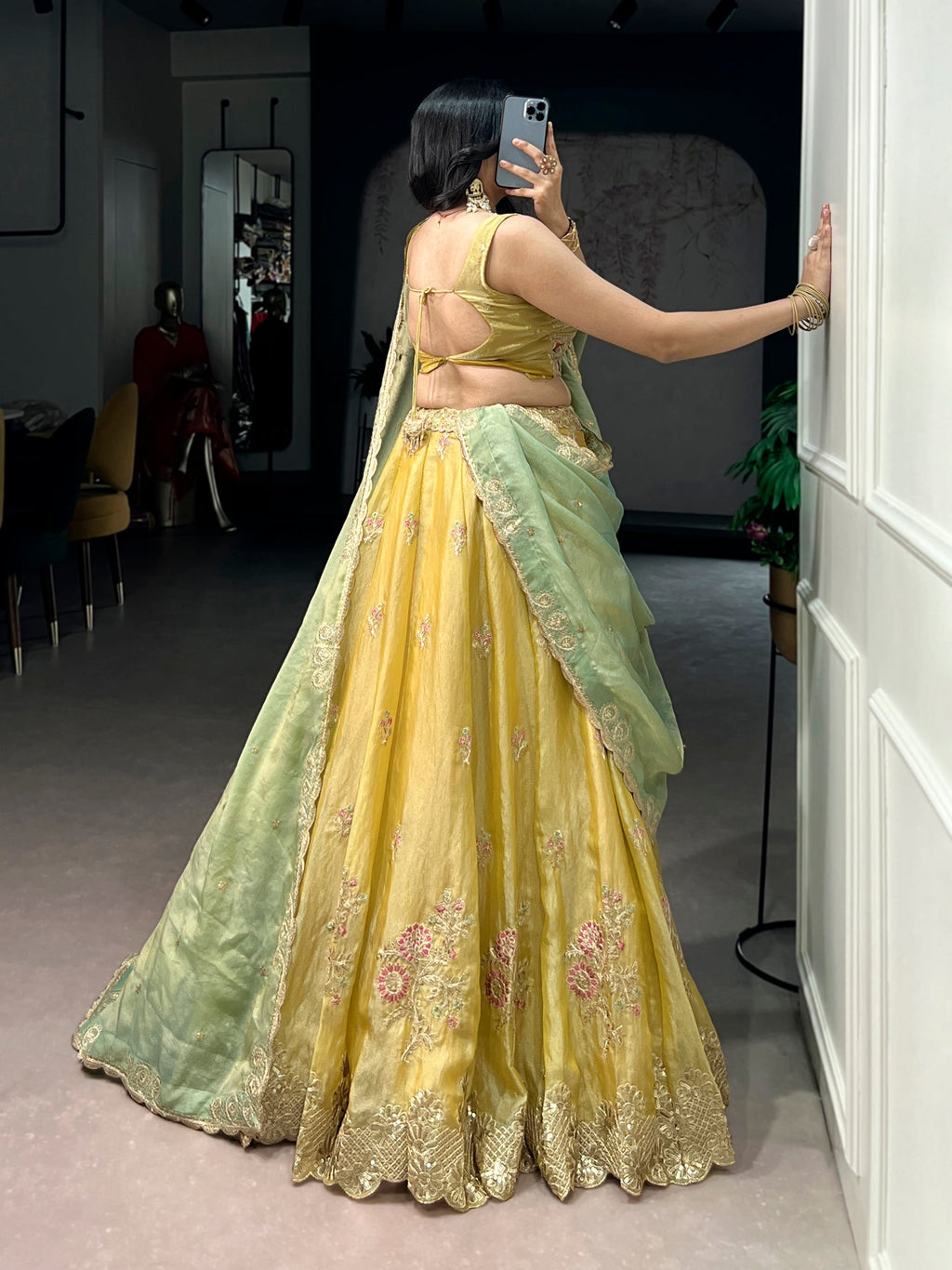 Yellow NC Moss Silk Lehenga Choli with Sequins and Embroidery
