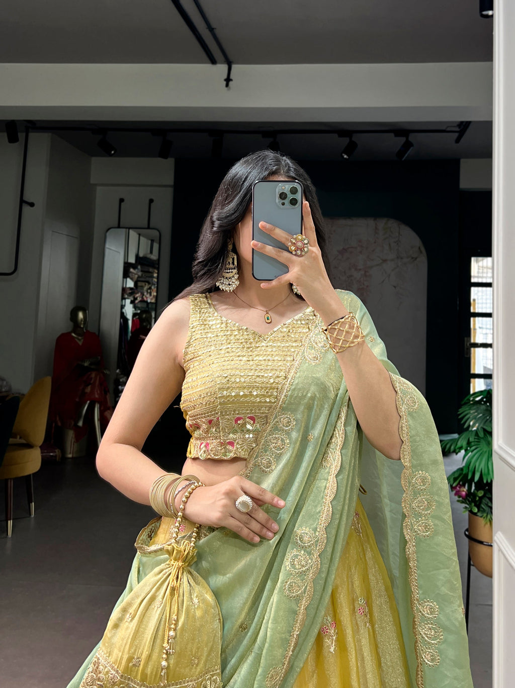Yellow NC Moss Silk Lehenga Choli with Sequins and Embroidery