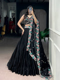 Black Fendy Satin Lehenga Choli with Sequins and Thread Embroidery