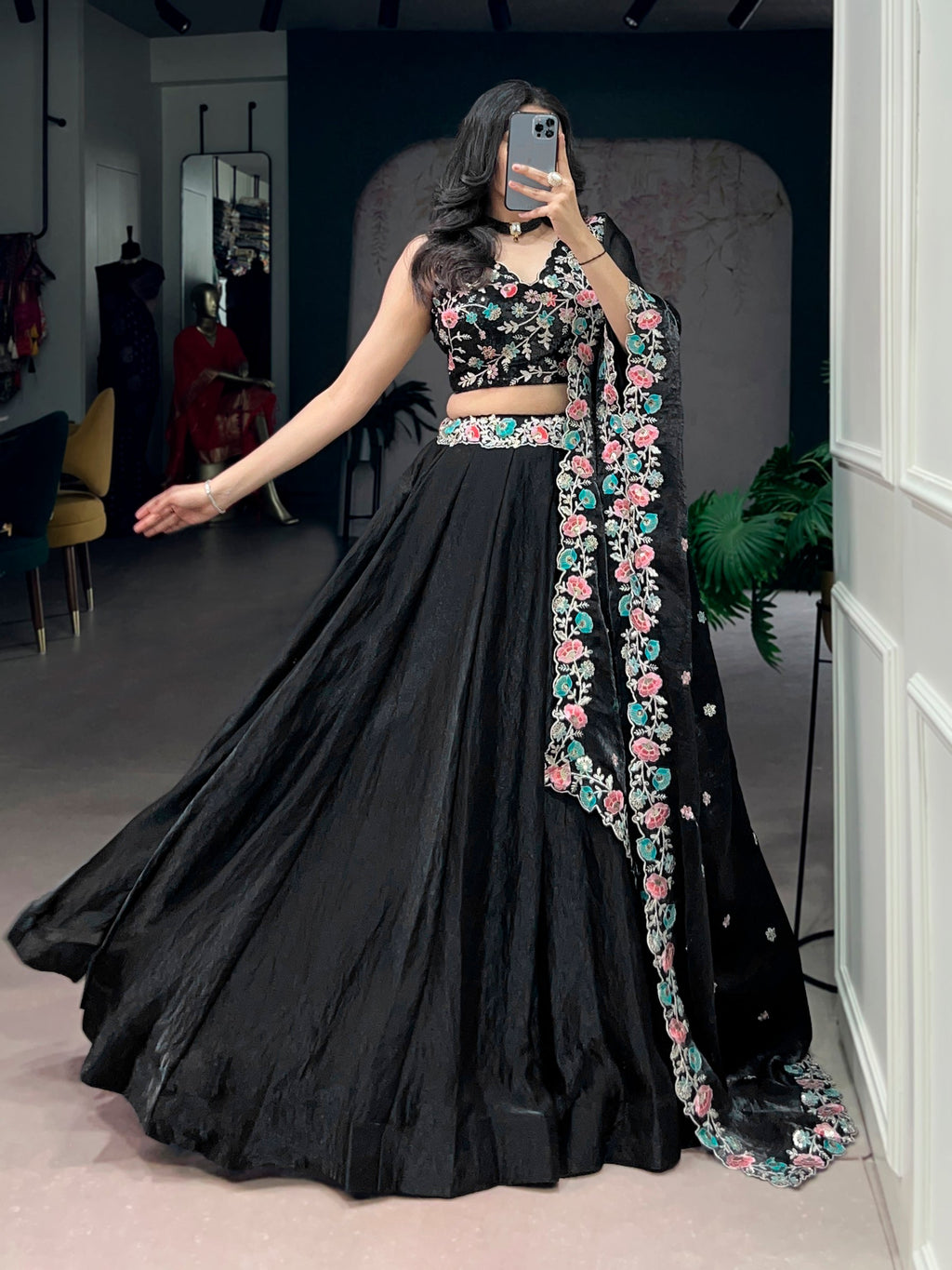 Black Fendy Satin Lehenga Choli with Sequins and Thread Embroidery