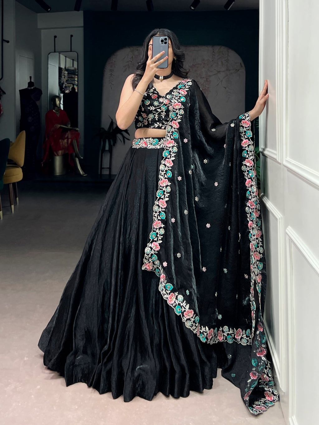 Black Fendy Satin lehenga choli with intricate sequins and thread embroidery detail