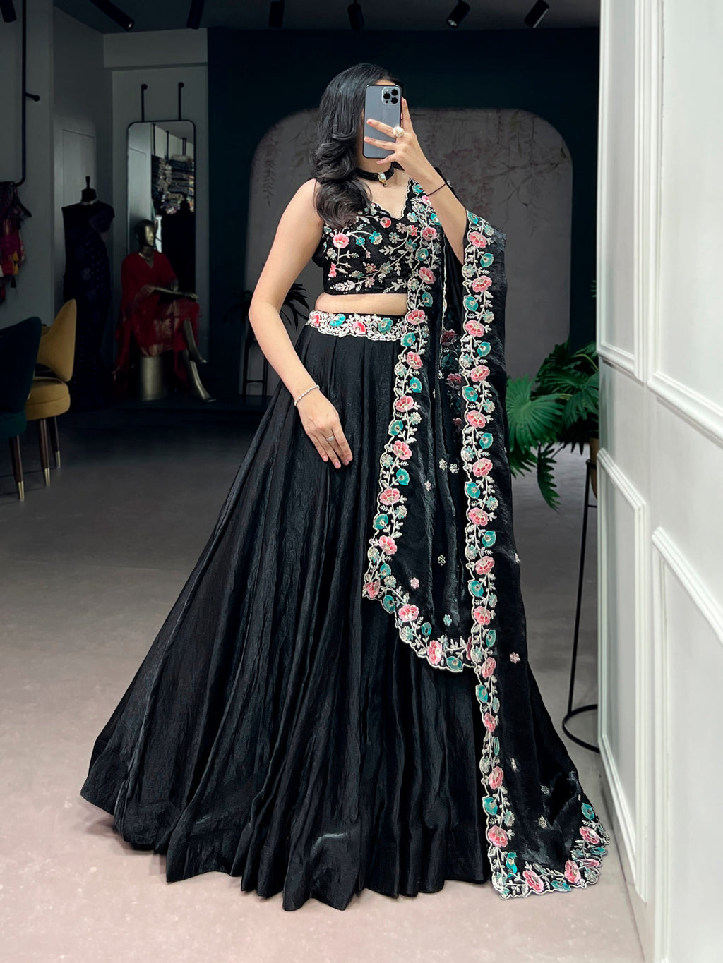 Black Fendy Satin Lehenga Choli with Sequins and Thread Embroidery