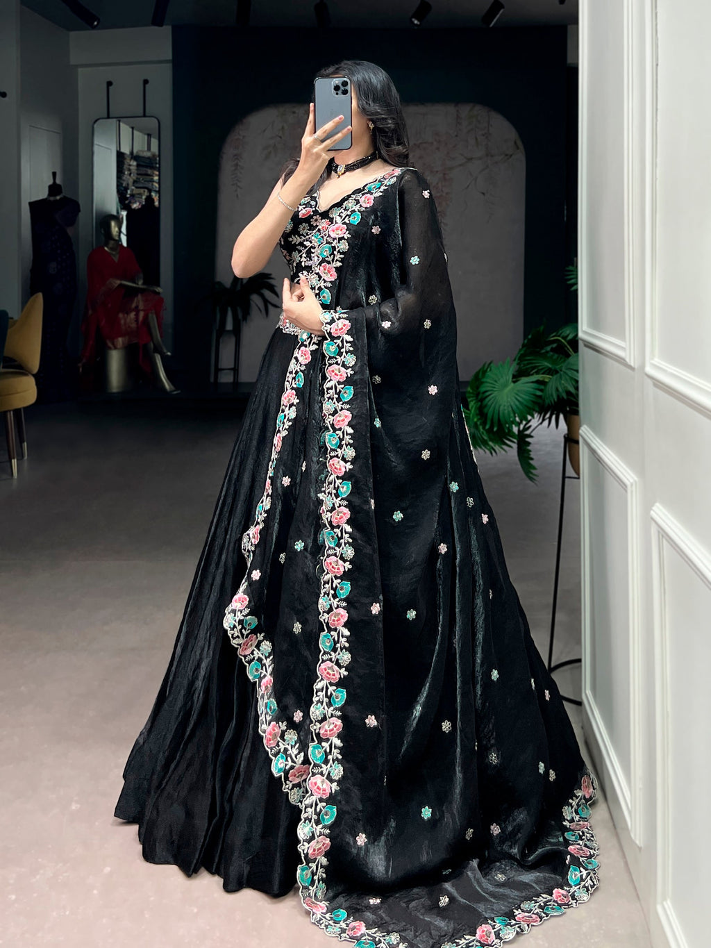 Black Fendy Satin Lehenga Choli with Sequins and Thread Embroidery