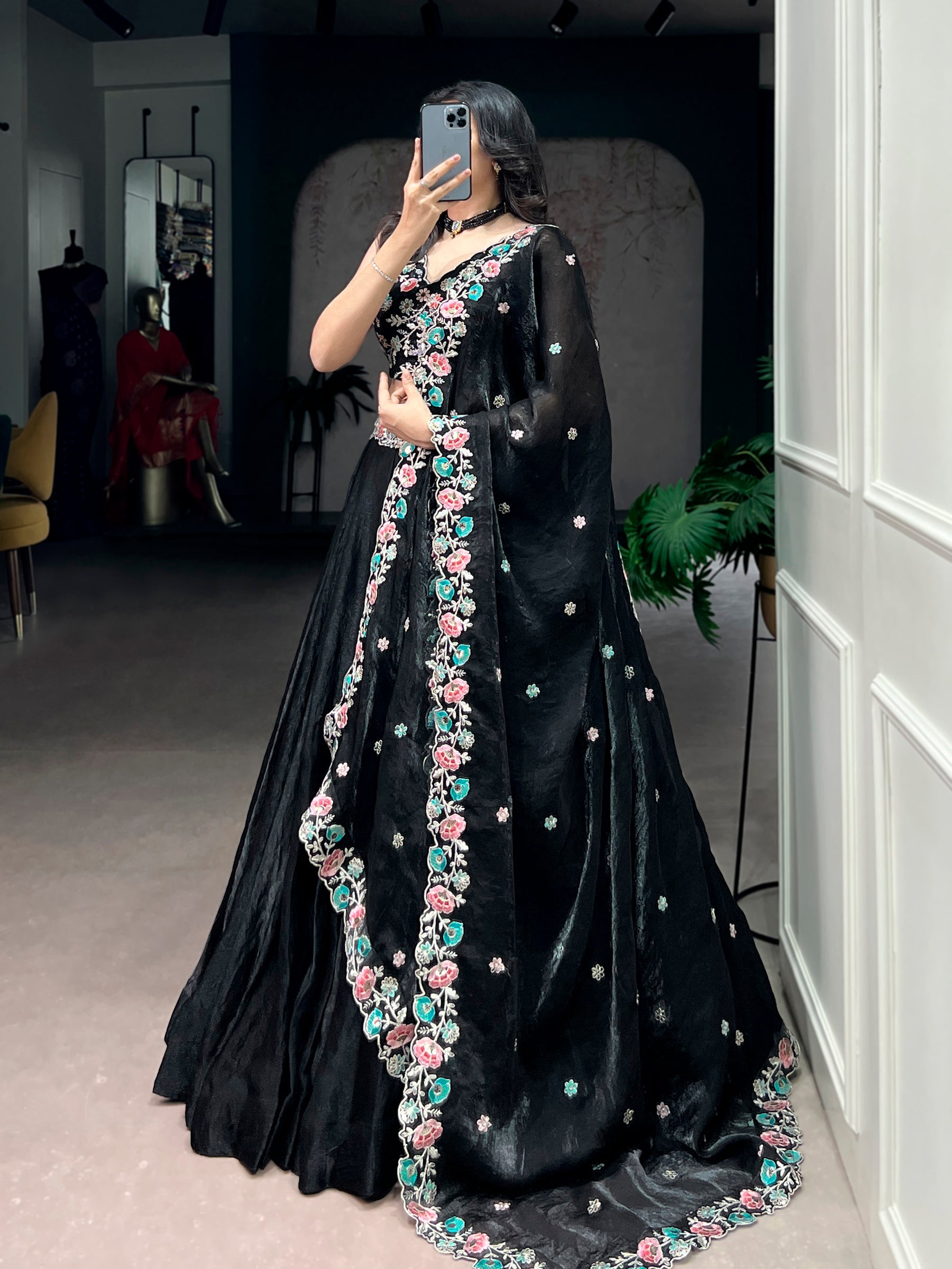 Black Fendy Satin Lehenga Choli with Sequins and Thread Embroidery