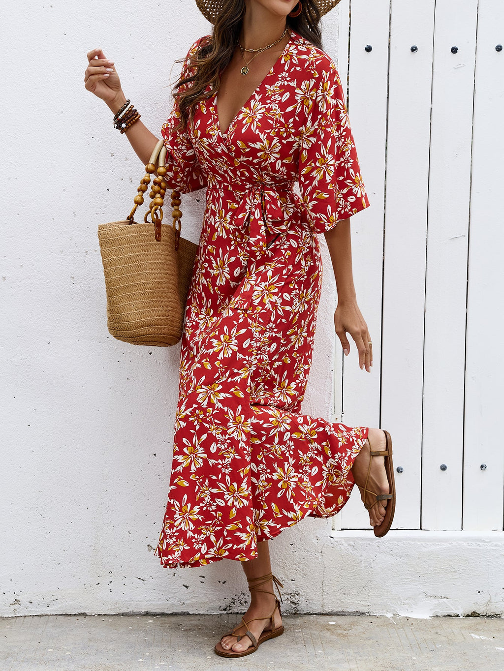 Women Printed One Piece Strapless Bow Long Dress Bohemian Vacation Sleeveless Midriff Baring Fishtail Beach Dress