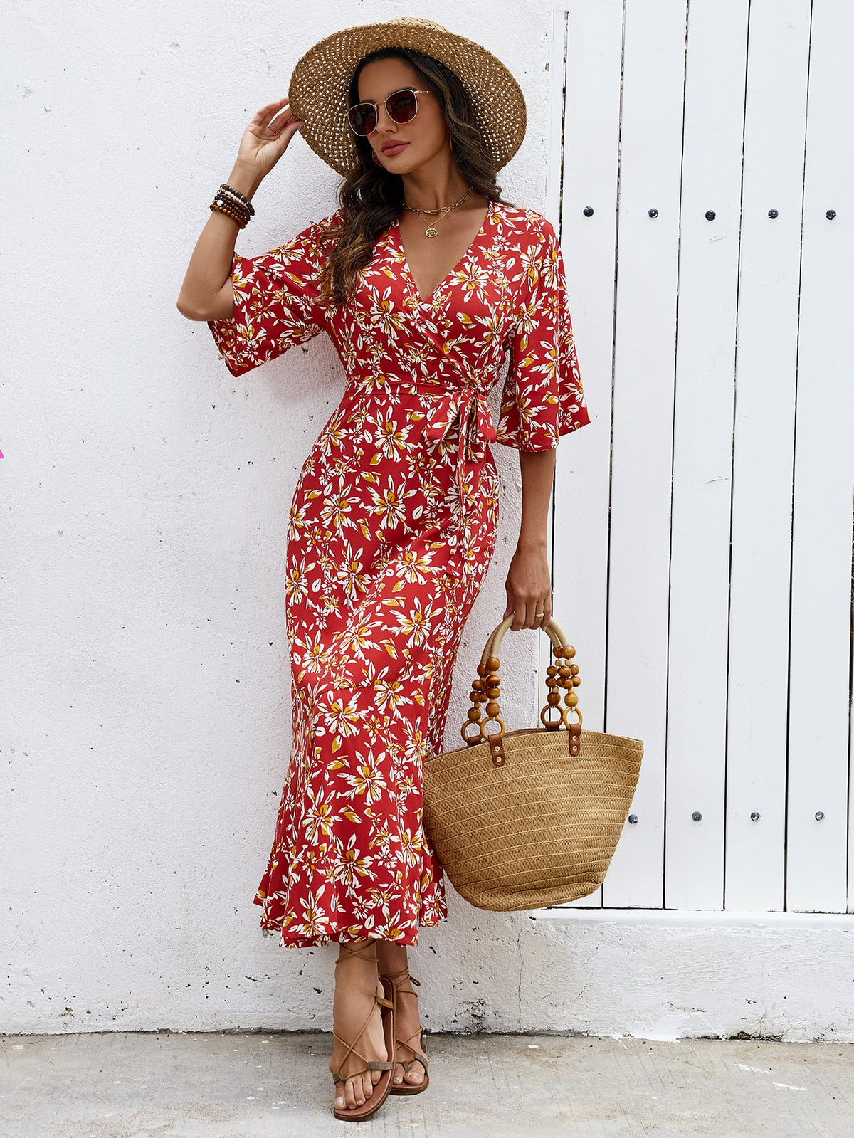 Women Printed One Piece Strapless Bow Long Dress Bohemian Vacation Sleeveless Midriff Baring Fishtail Beach Dress