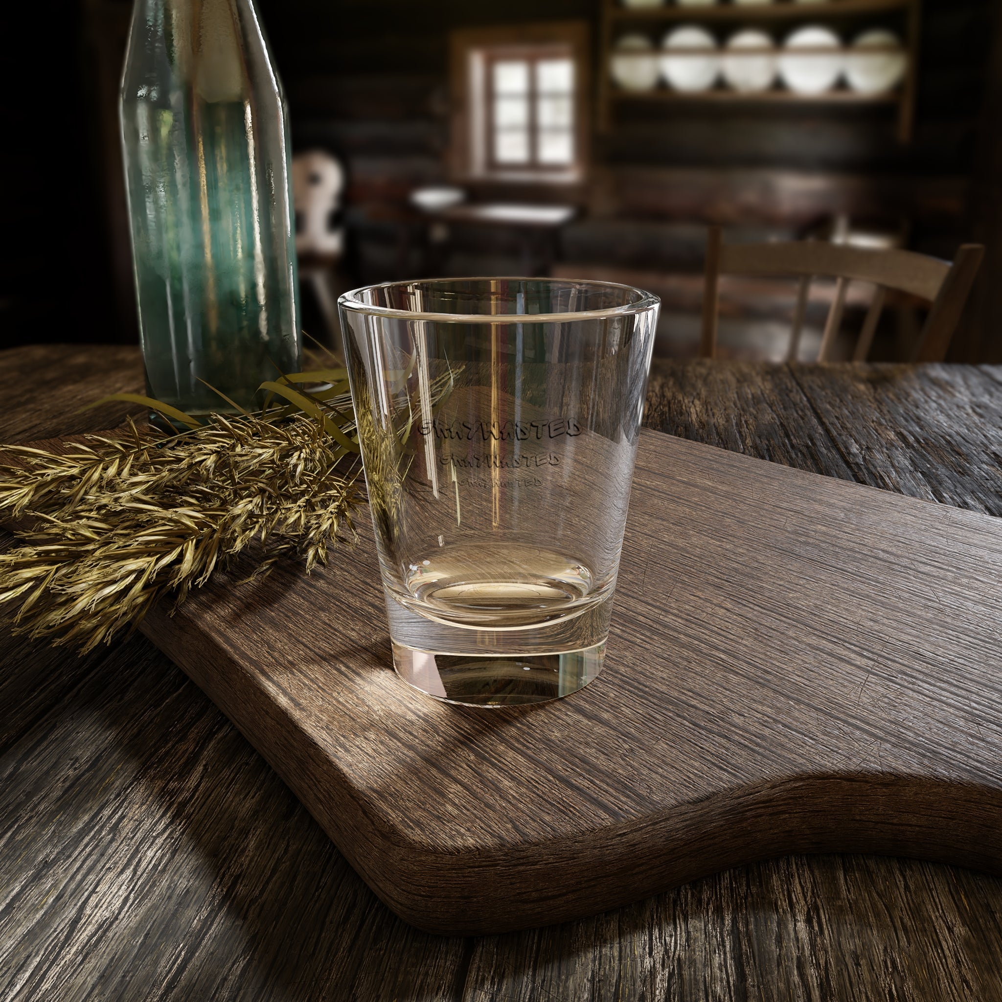 A clear, 1.5oz minimalist glass shot glass with a solid heavy base sitting on a modern table surface.