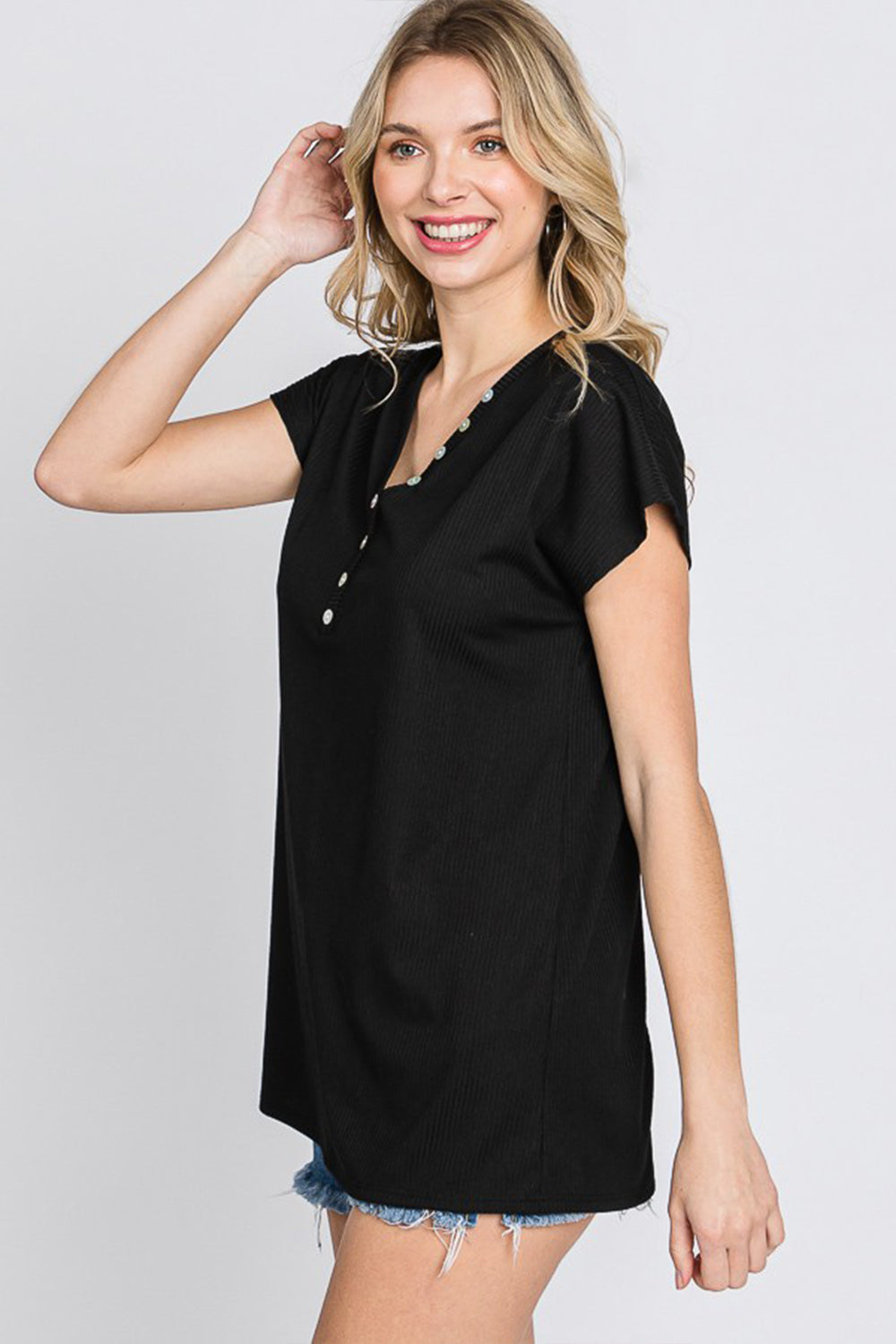 Women's Ribbed Knit V-Neck Button-Up Short Sleeve Casual T-Shirt - Image 3