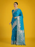 Cyan Blue Banarasi Satin Silk Saree with Gold Zari Border