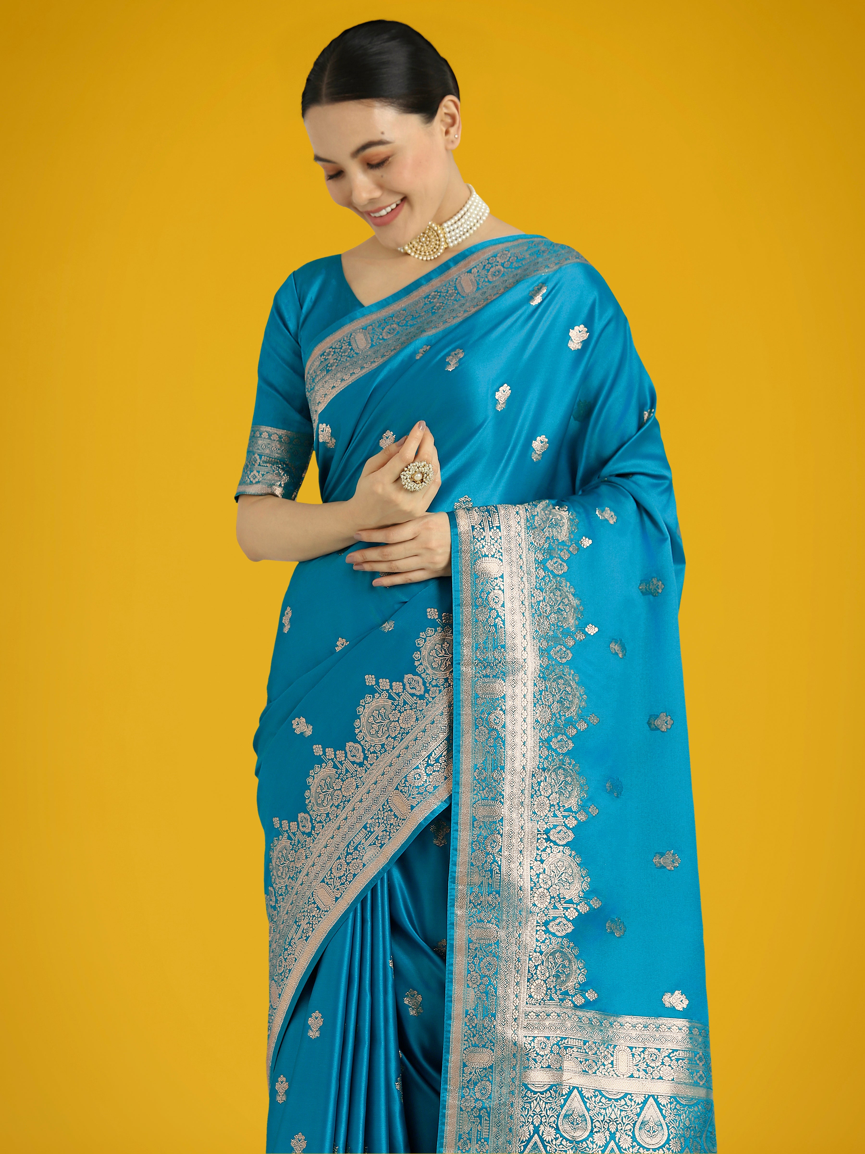 Cyan blue Banarasi Satin Silk saree with intricate gold Zari woven border