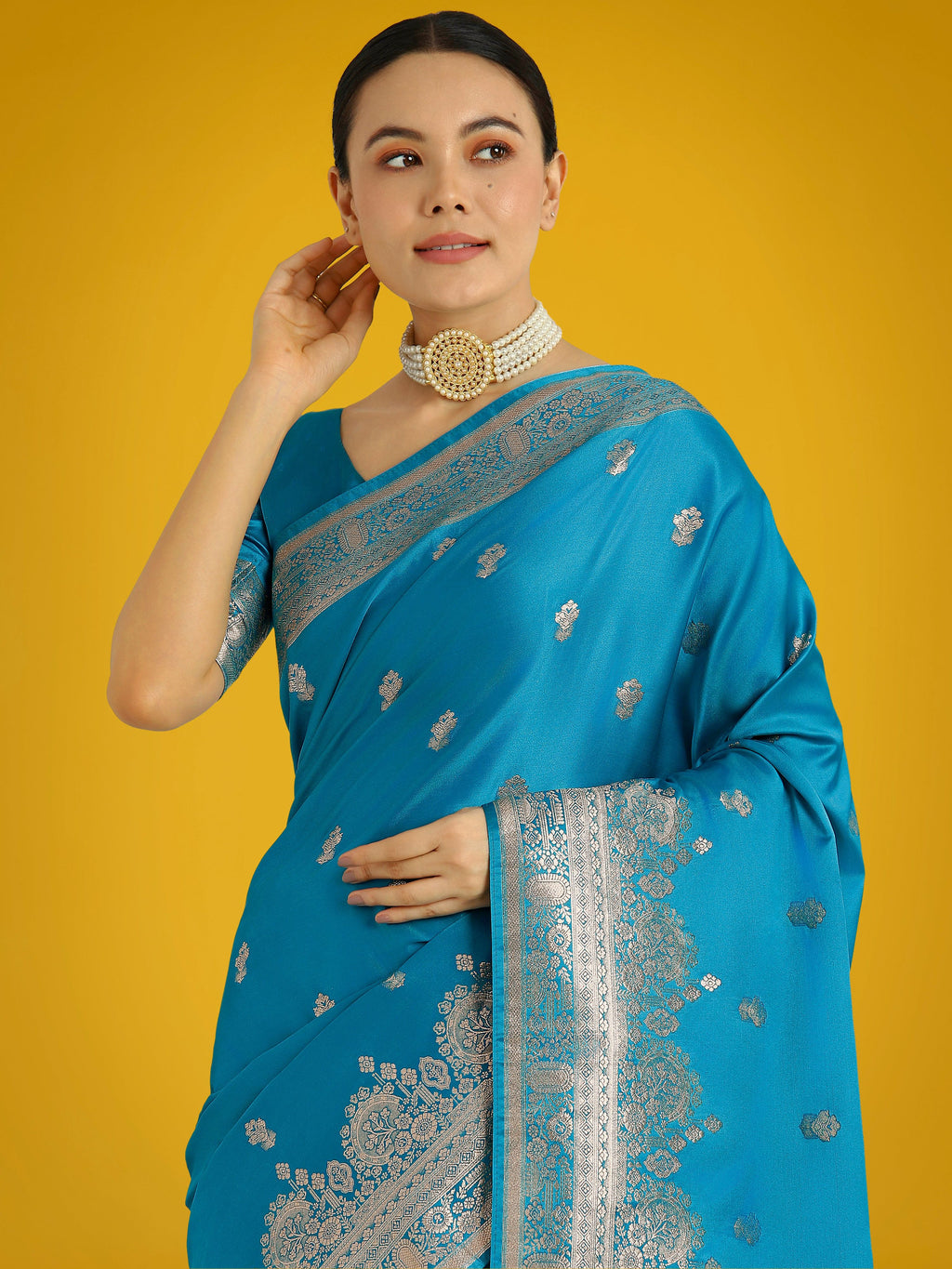 Cyan Blue Banarasi Satin Silk Saree with Gold Zari Border
